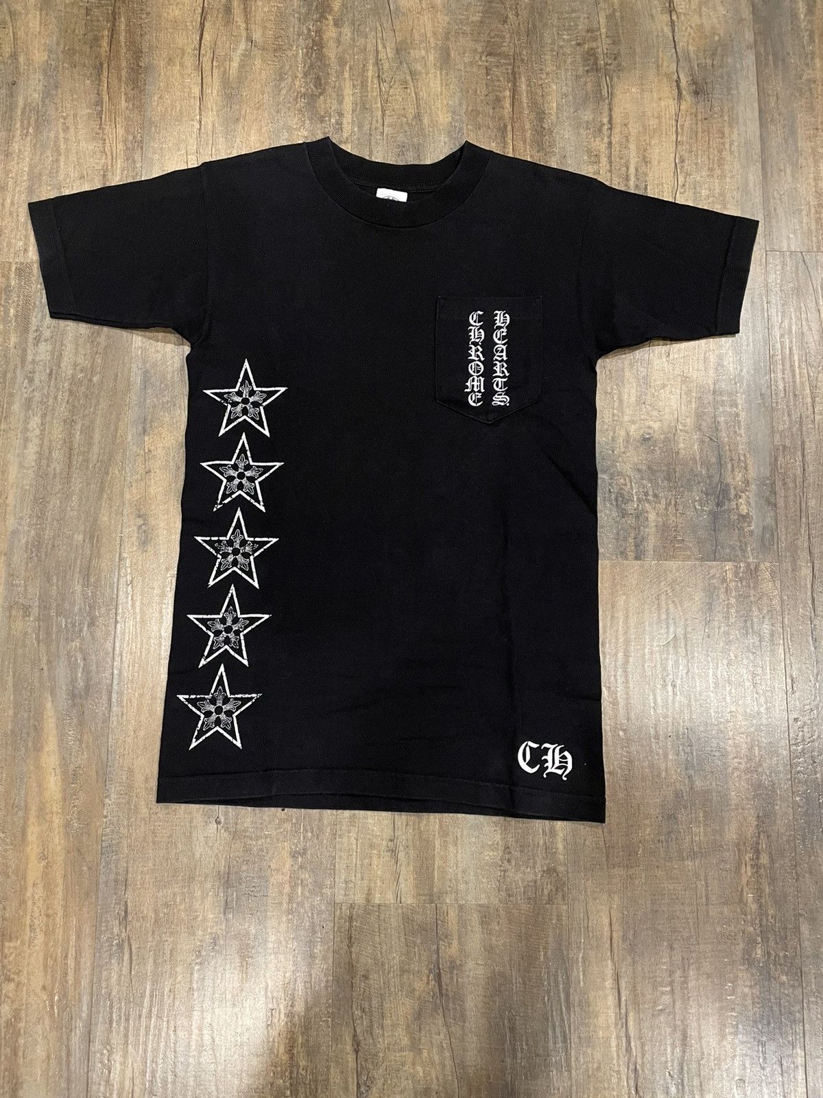 image of Chrome Hearts Scroll T Bar Stars Logo Black Pocket Tee, Men's (Size Small)