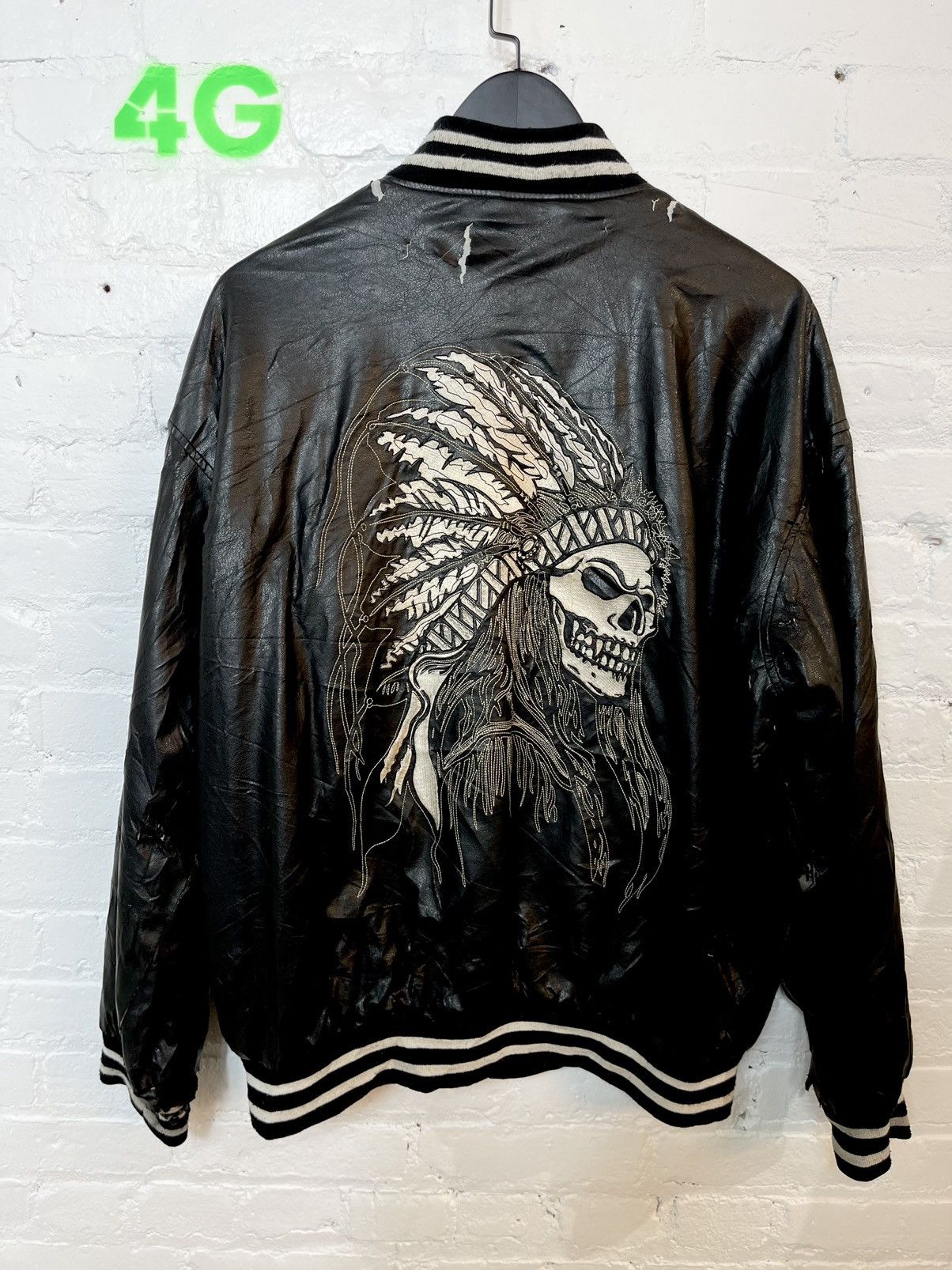 Image of Vintage 90's Thrashed Indian Skull Black Leather Jacket, Men's (Size XL)