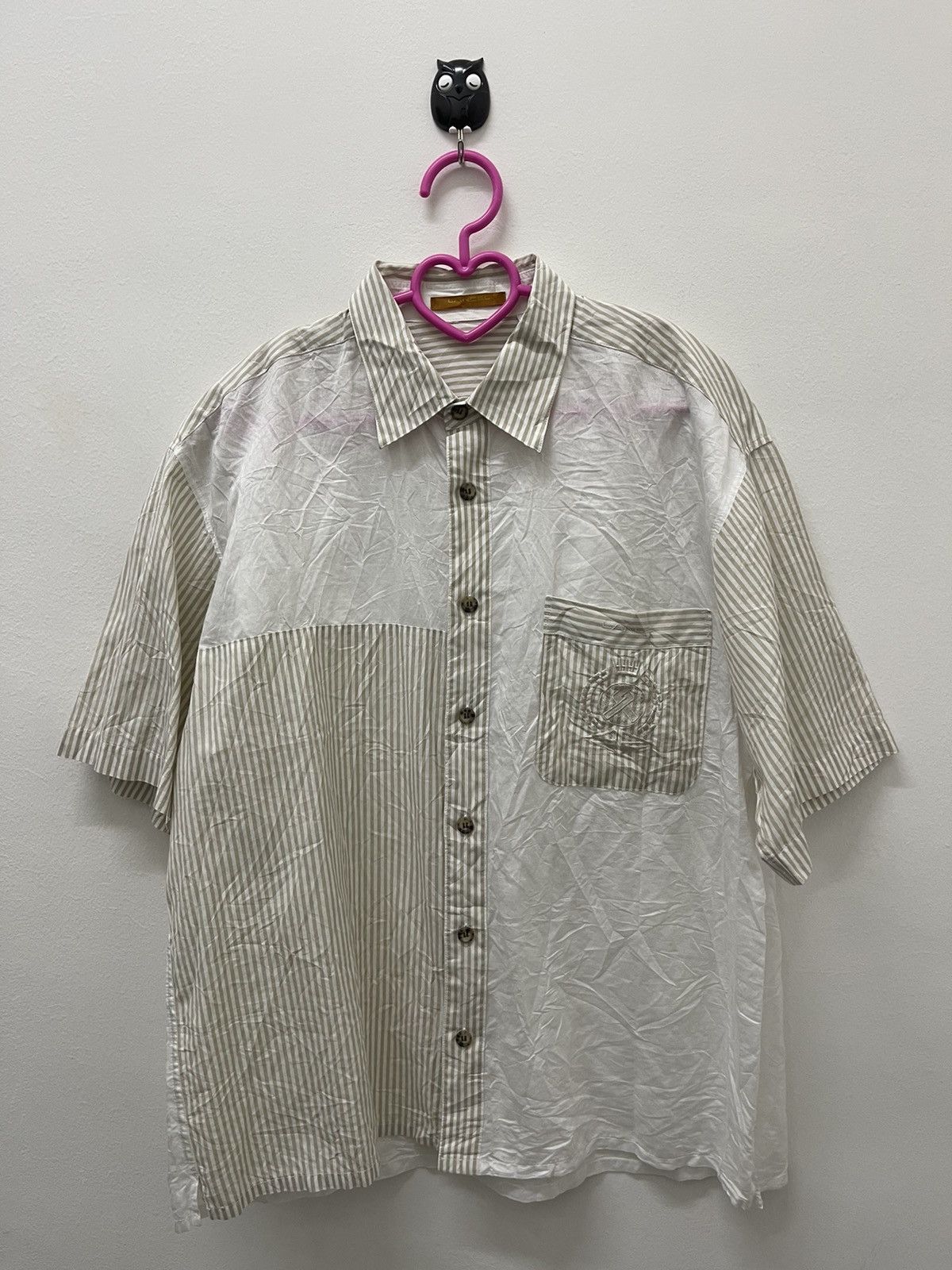 image of Lancel Paris Patchwork Striped Button Up in White/Brown, Men's (Size Large)