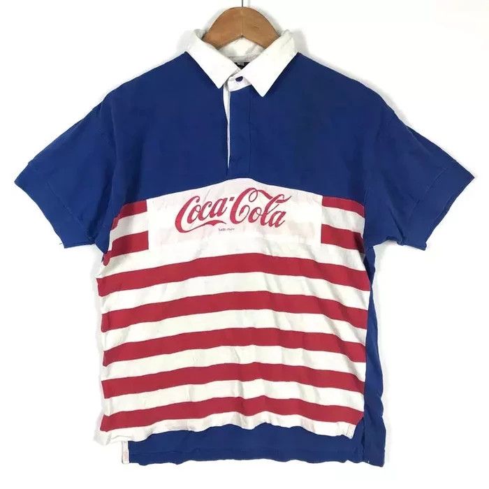 Vintage 80s 90s COCA COLA RUGBY Stripes Big Logo