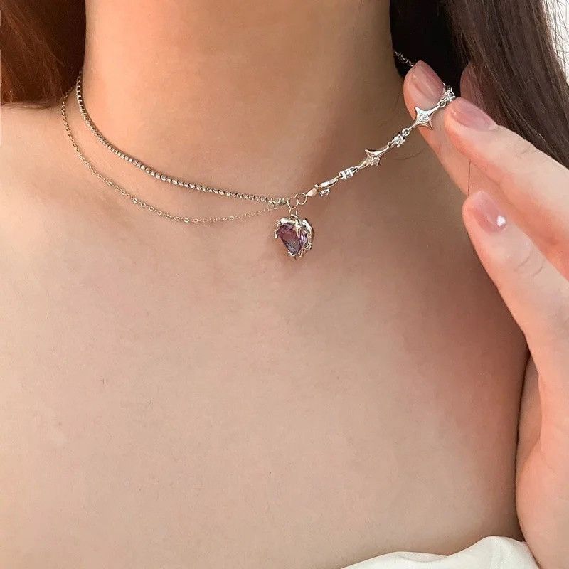 Jewelry Cross Star Purple Heart Zircon Necklace Size ONE SIZE - 3 Thumbnail