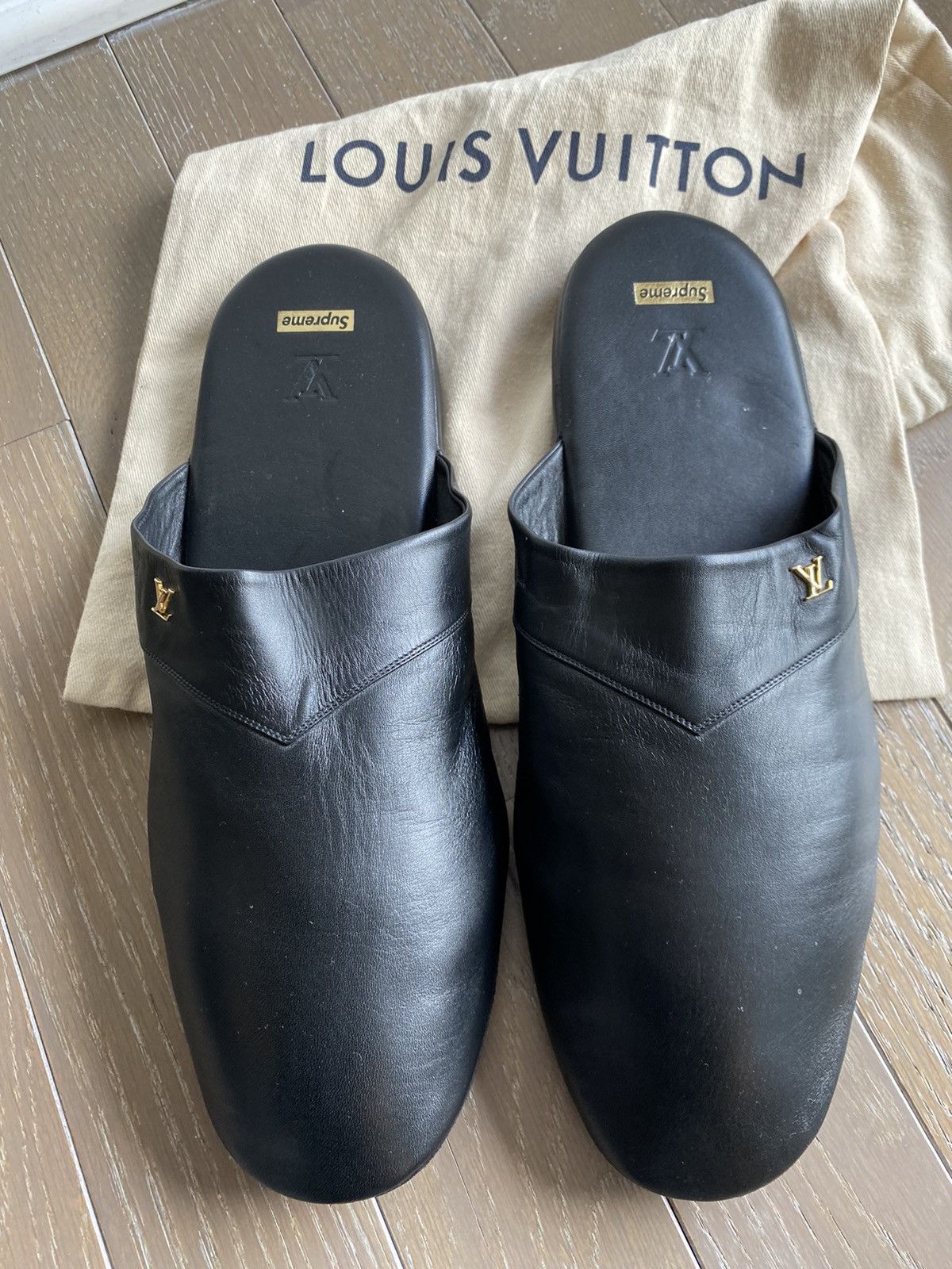 image of Lv Louis Vuitton Hugh Supreme Slipper Black Leather, Men's (Size 11)