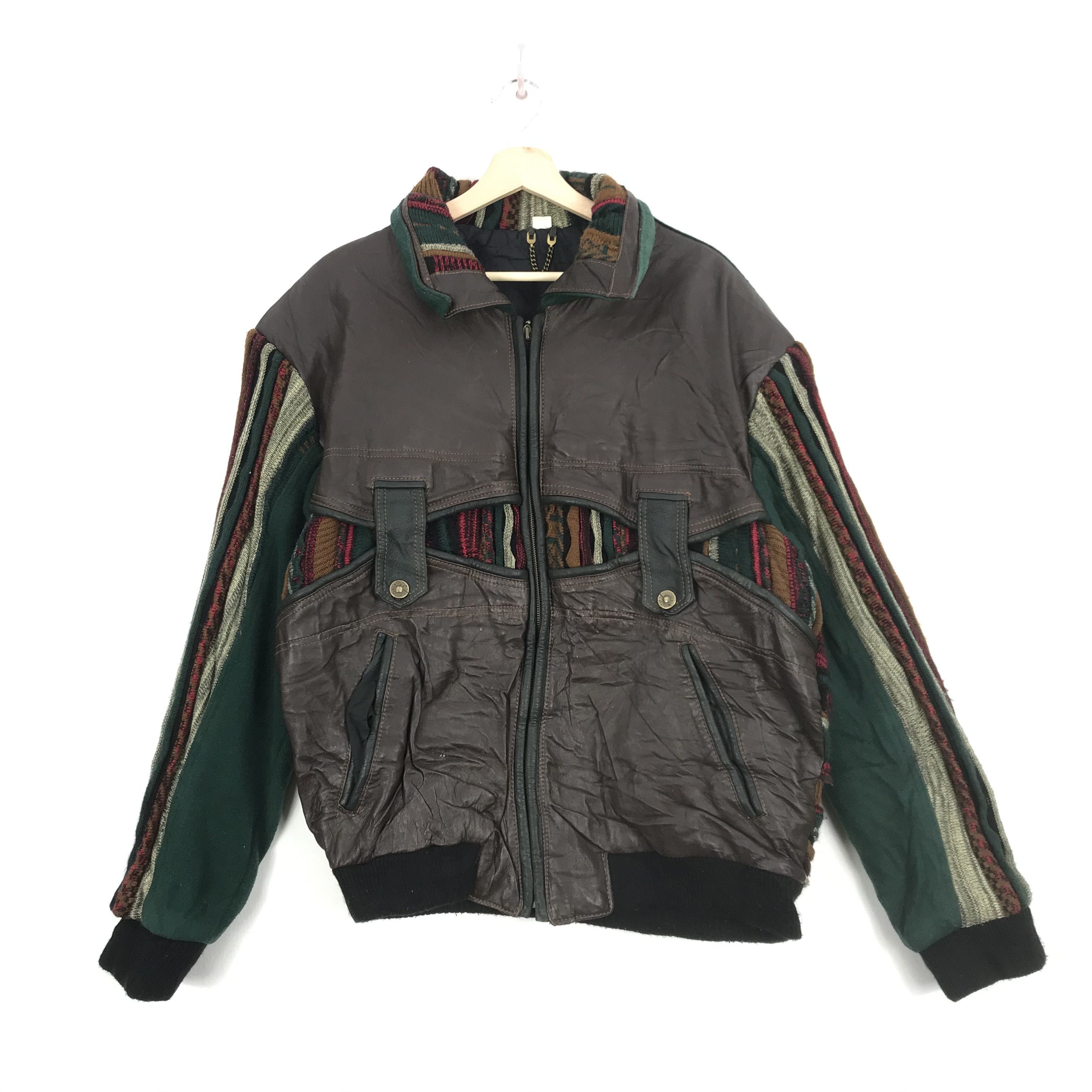 Aran Isles Knitwear × Vintage Tess Patchwork Leather Varsity Jacket Boho Cooji Knit Size US L / EU 52-54 / 3 - 1 Thumbnail