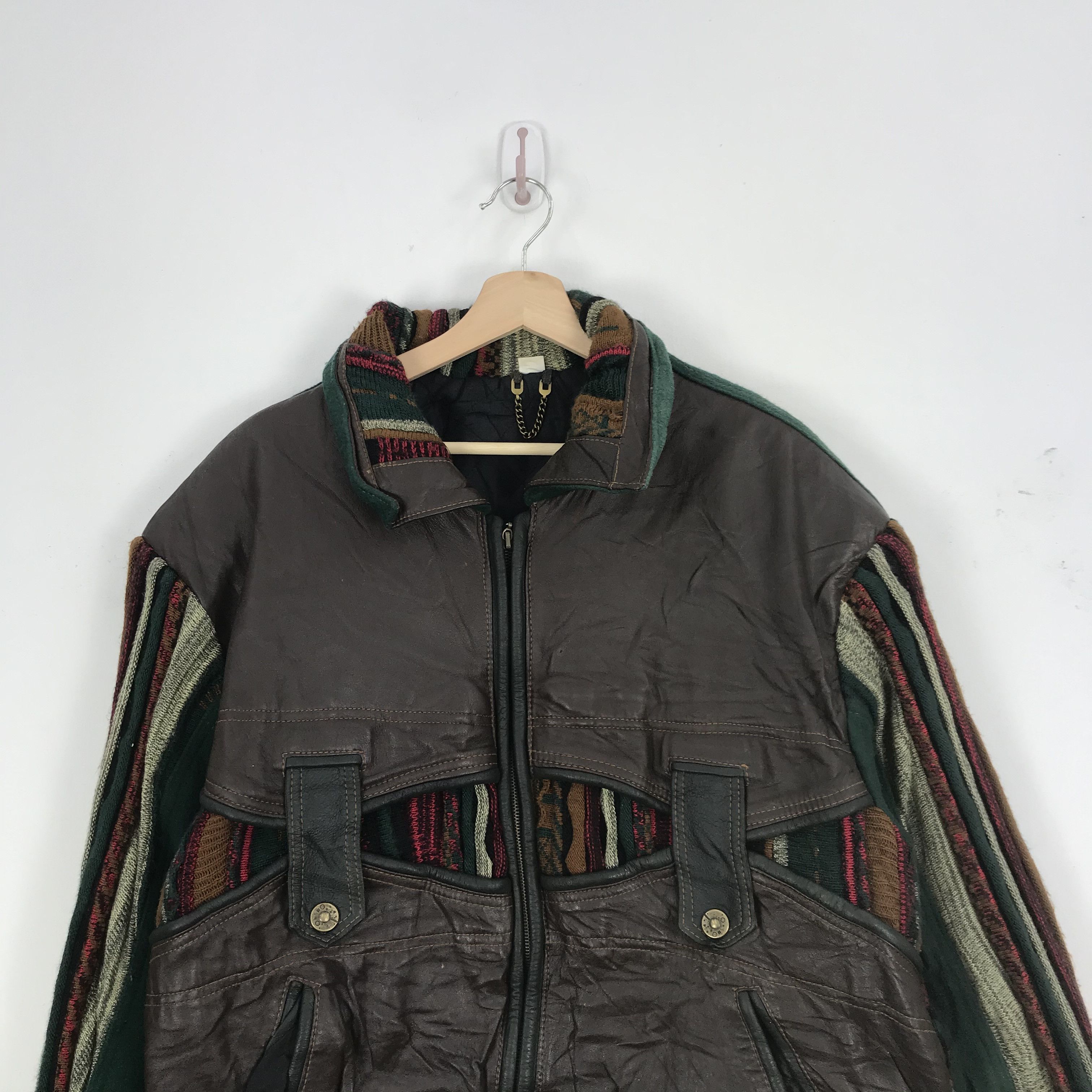 Aran Isles Knitwear × Vintage Tess Patchwork Leather Varsity Jacket Boho Cooji Knit Size US L / EU 52-54 / 3 - 3 Thumbnail