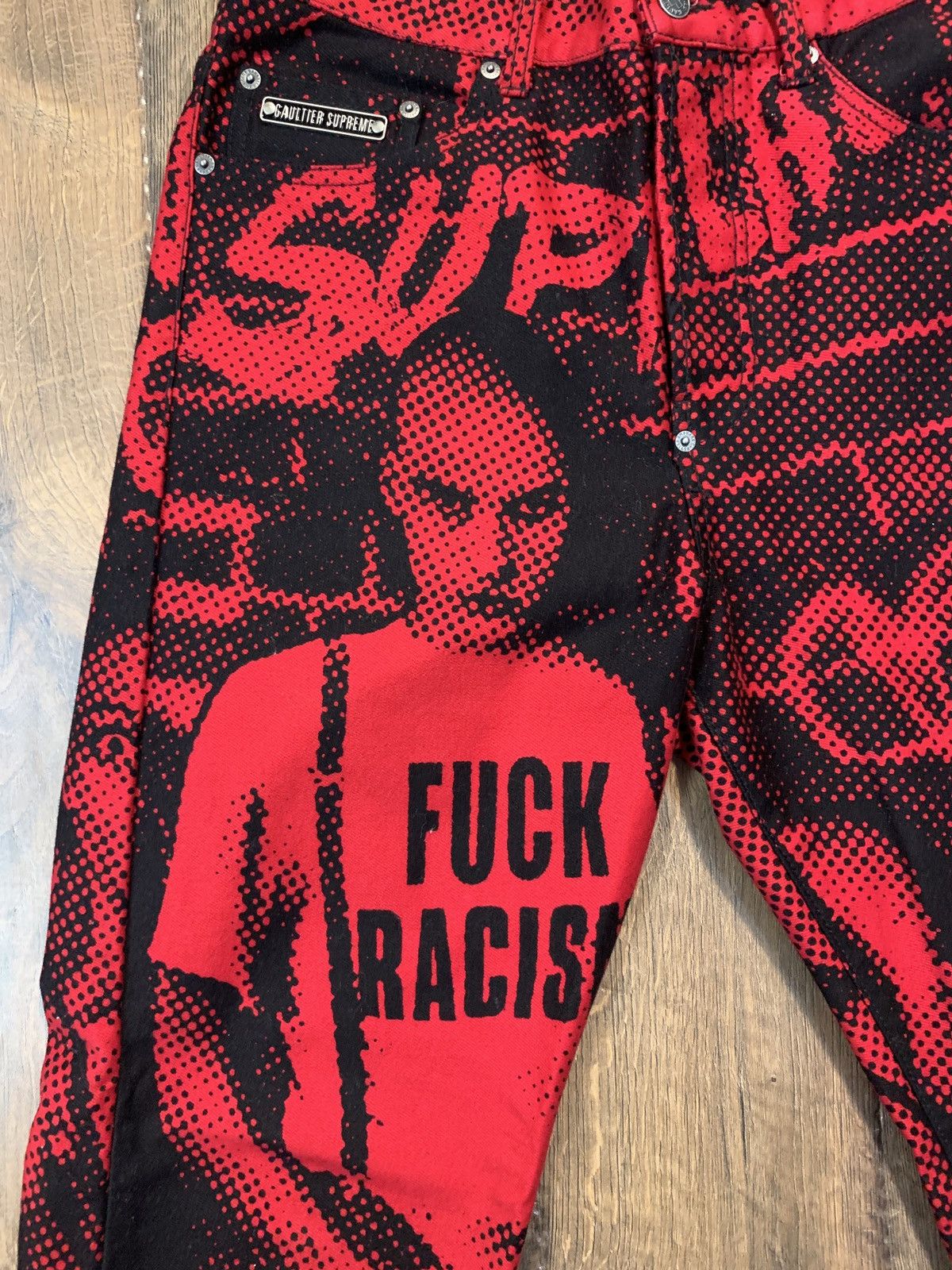 Jean Paul Gaultier × Supreme Supreme Jean Paul Gaultier Fuck Racism Jeans Red 32 Size US 32 / EU 48 - 3 Thumbnail