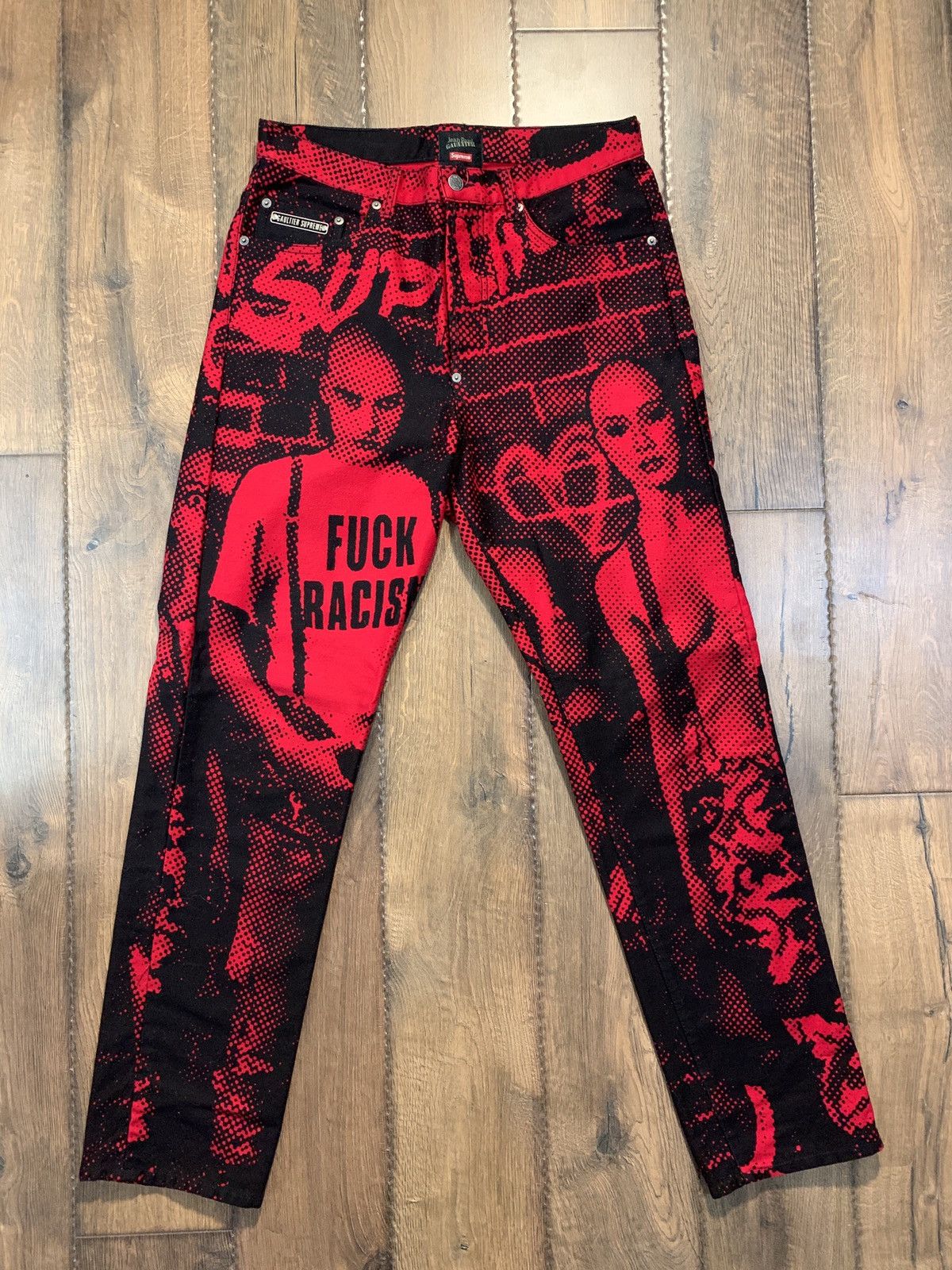 Jean Paul Gaultier × Supreme Supreme Jean Paul Gaultier Fuck Racism Jeans Red 32 Size US 32 / EU 48 - 2 Thumbnail