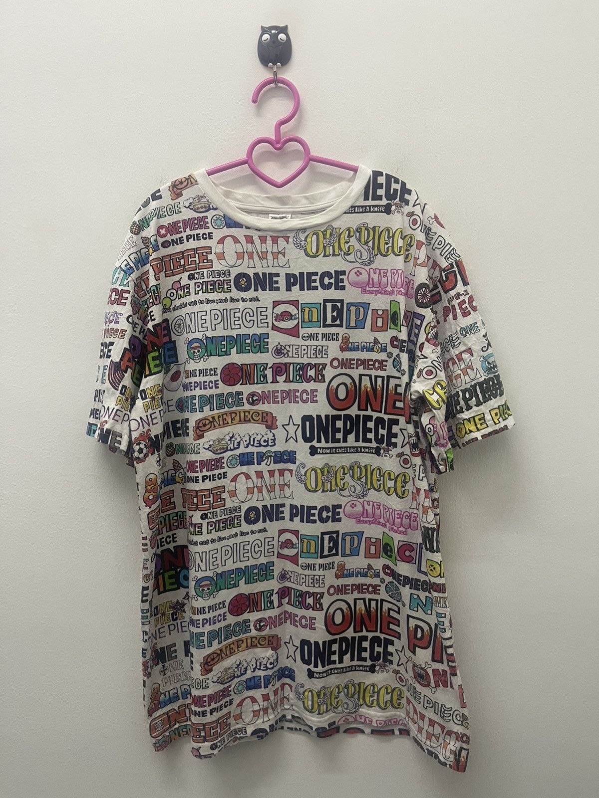 image of Anima x One Piece Vintage One Piece Spell Out Full All Over Print Tee, Men's (Size XL)