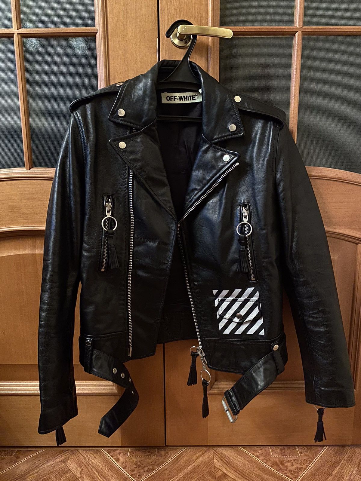 image of Off White Off-White Virgil Abloh Leather Biker Jacket Fw2016 in Black, Men's (Size Medium)