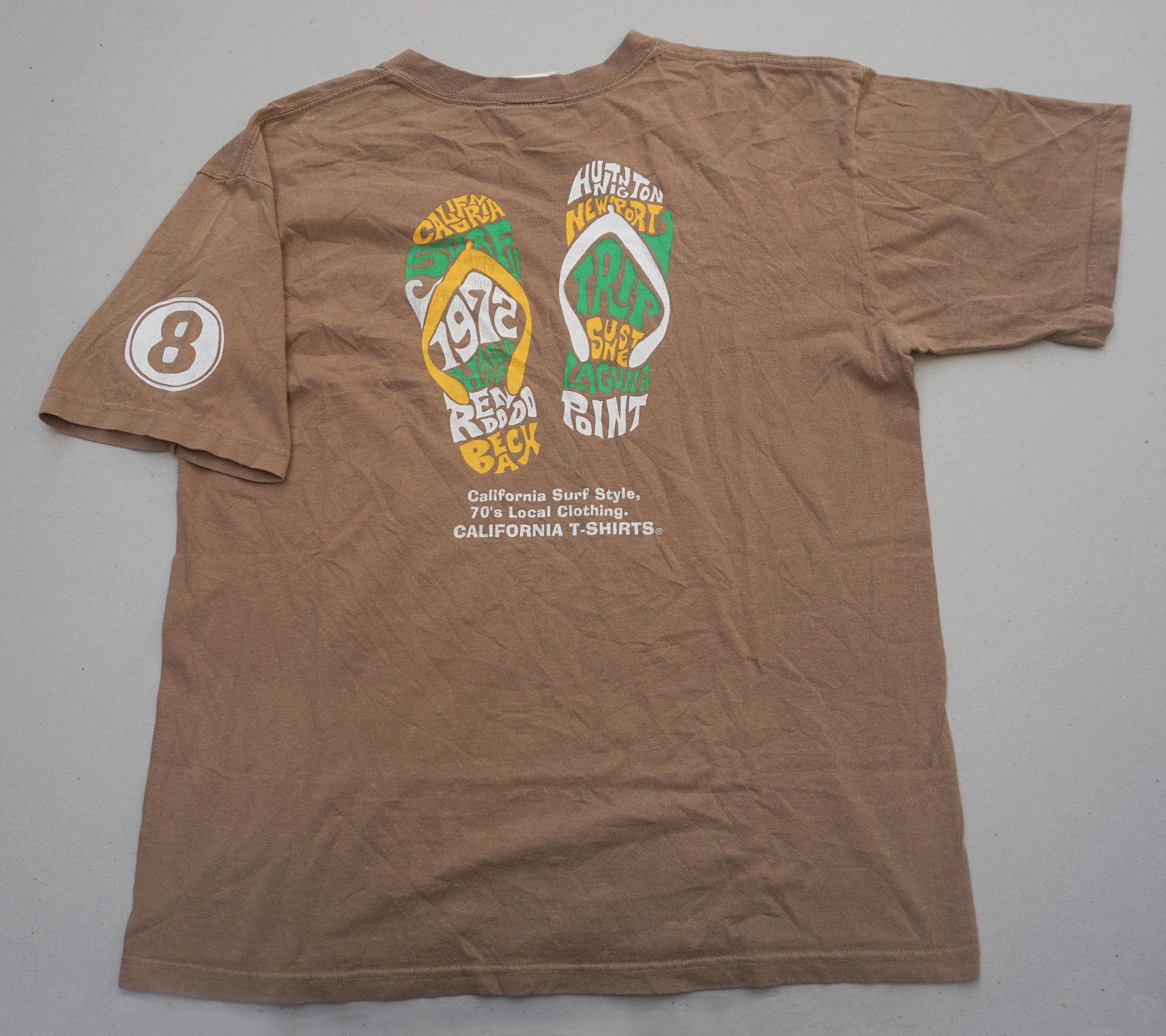 image of Surf Style x Vintage California 70's Surf Spellout Typography Graphic T-Shirt in Brown (Size Medium