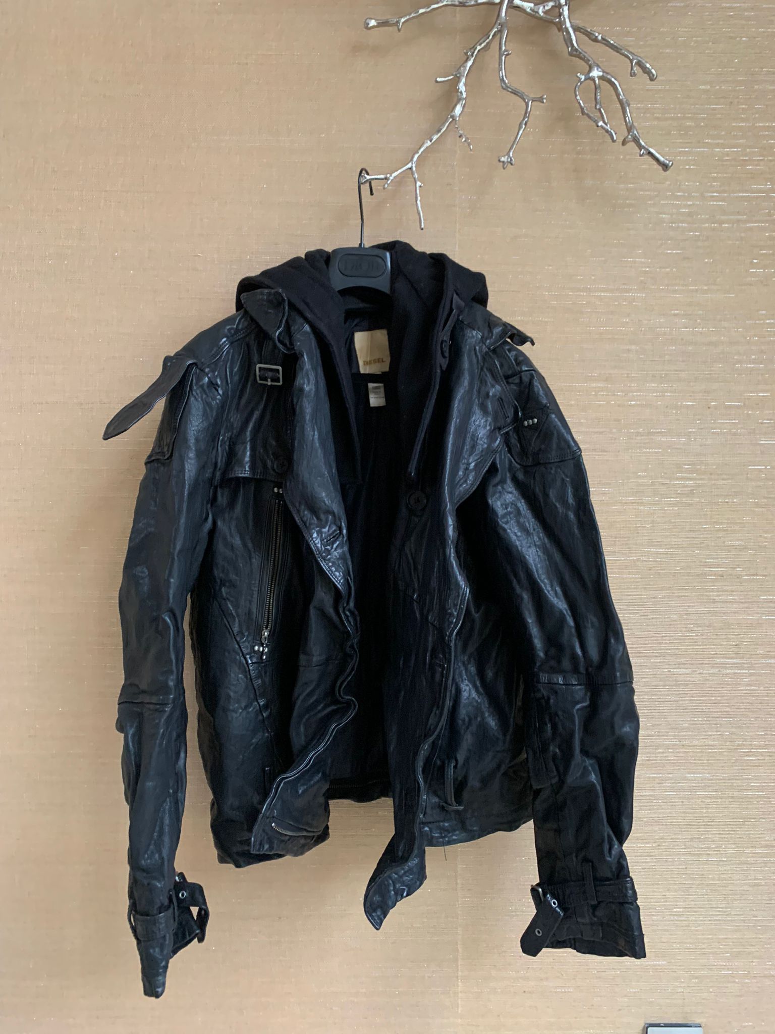 image of Diesel Hooded Leather Jacket In Black, Men's (Size Large)