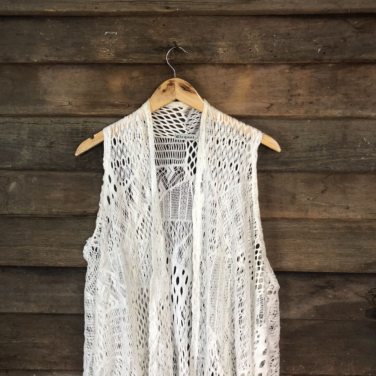 Homespun Knitwear Elegant Mesh Net Crochet White Cardigan Knitwear #7125 Size L / US 10 / IT 46 - 2 Thumbnail