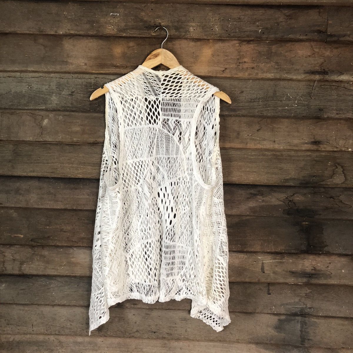 Homespun Knitwear Elegant Mesh Net Crochet White Cardigan Knitwear #7125 Size L / US 10 / IT 46 - 12 Thumbnail
