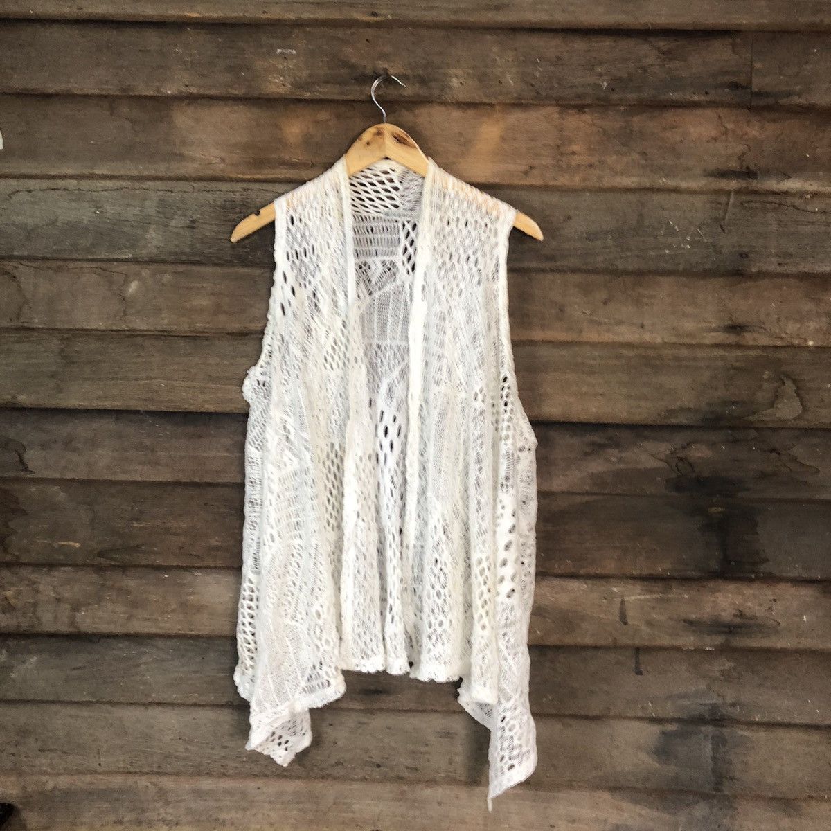 Homespun Knitwear Elegant Mesh Net Crochet White Cardigan Knitwear #7125 Size L / US 10 / IT 46 - 1 Thumbnail
