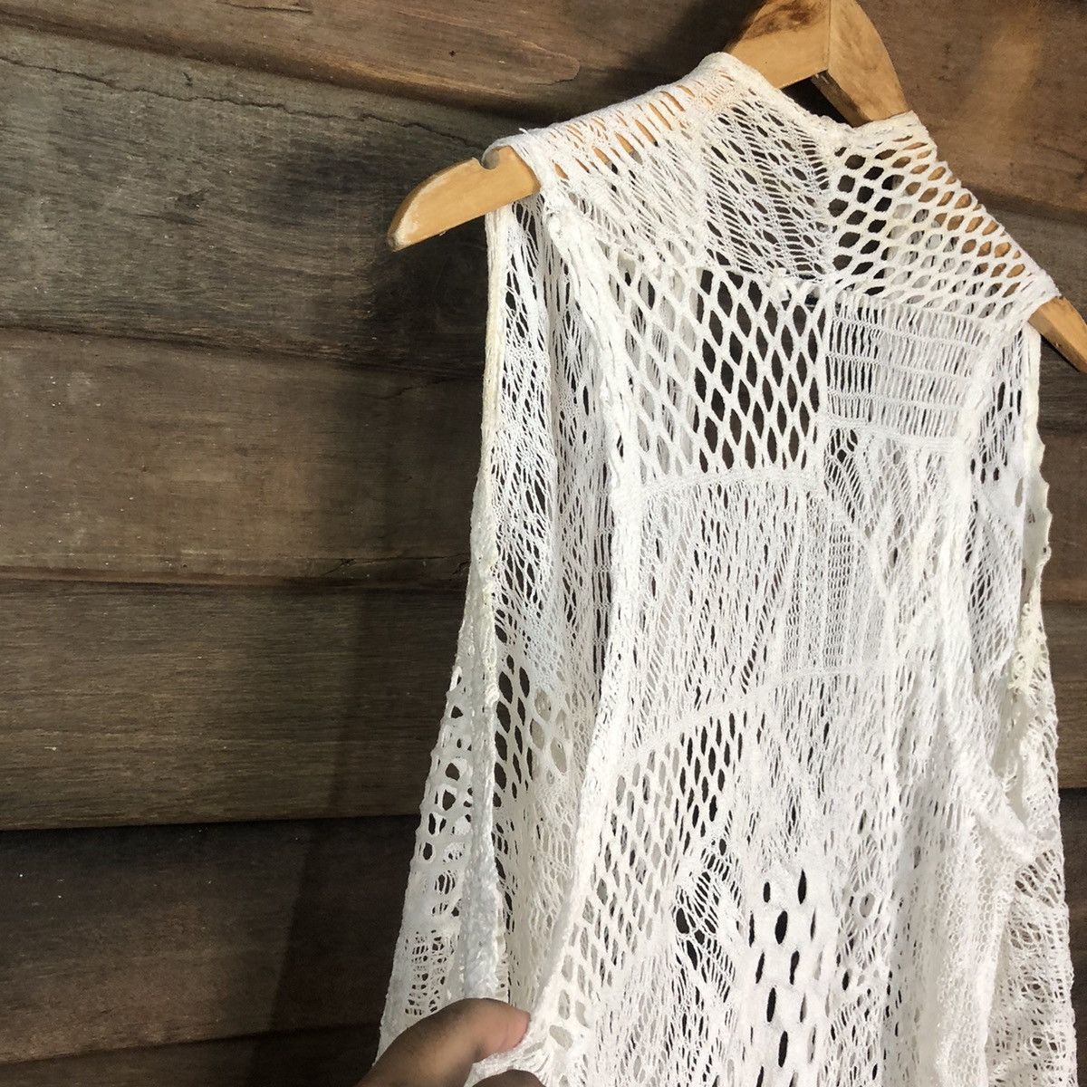 Homespun Knitwear Elegant Mesh Net Crochet White Cardigan Knitwear #7125 Size L / US 10 / IT 46 - 11 Thumbnail