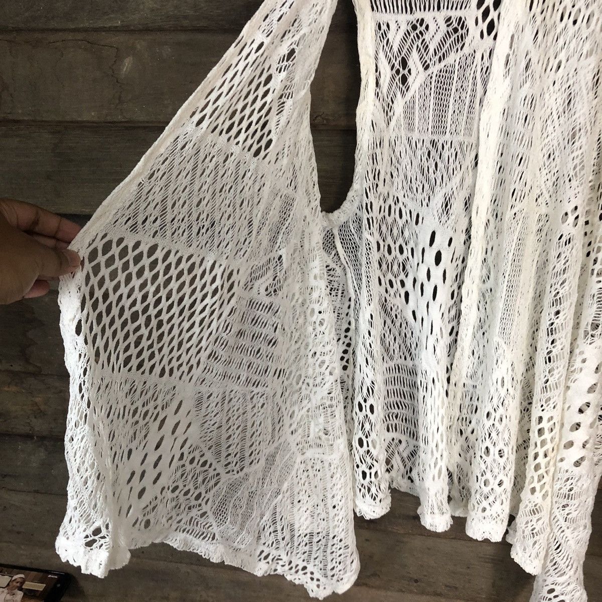 Homespun Knitwear Elegant Mesh Net Crochet White Cardigan Knitwear #7125 Size L / US 10 / IT 46 - 5 Thumbnail