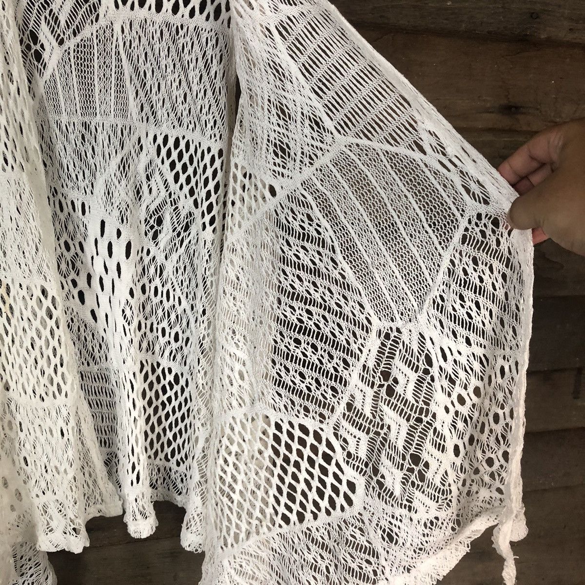 Homespun Knitwear Elegant Mesh Net Crochet White Cardigan Knitwear #7125 Size L / US 10 / IT 46 - 6 Thumbnail