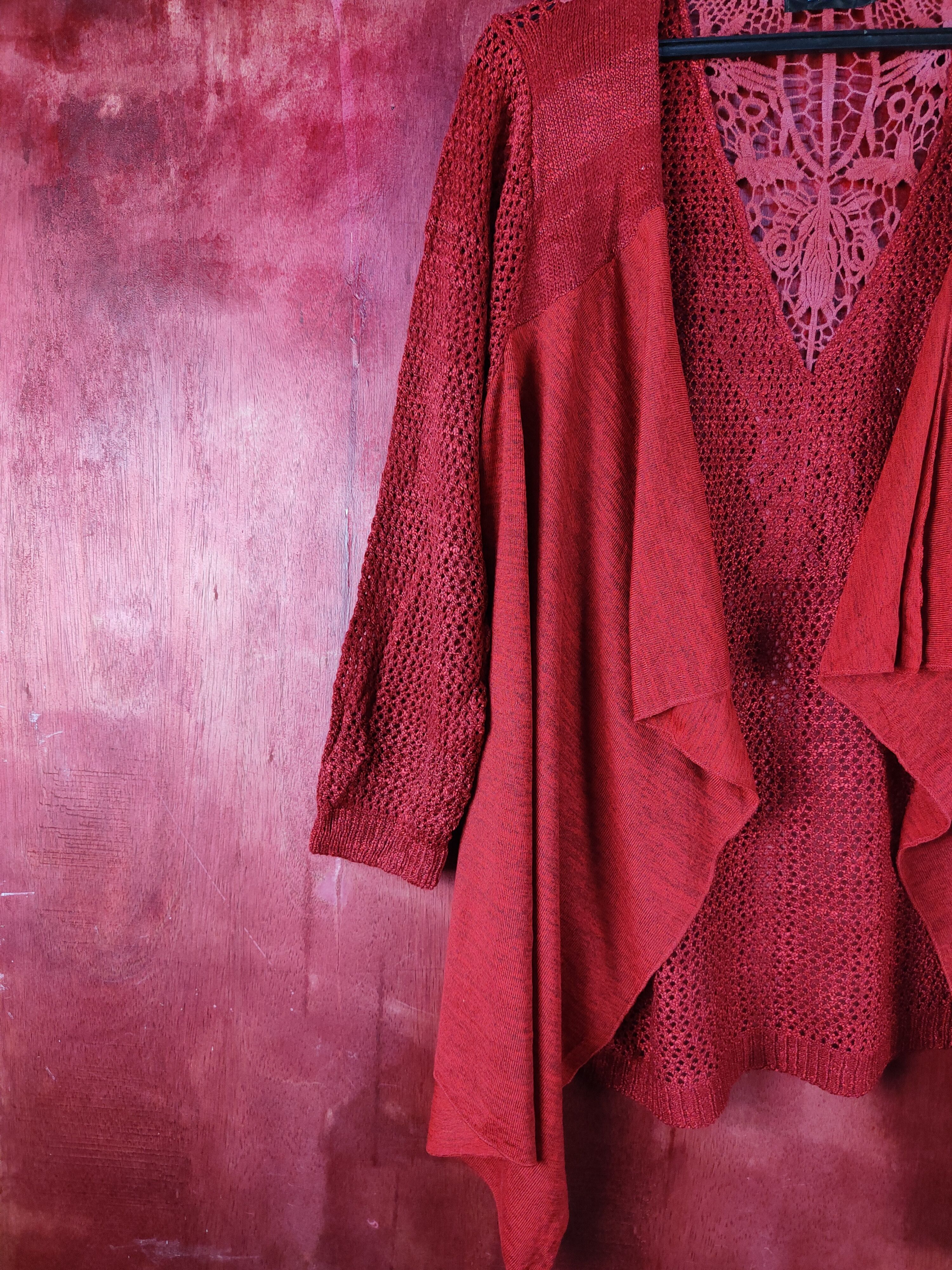 Homespun Knitwear Lilia Maroon Crochet Meshnet Knitwear Cardigan #S1017 Size XXL / US 16-18 / IT 52-54 - 3 Thumbnail