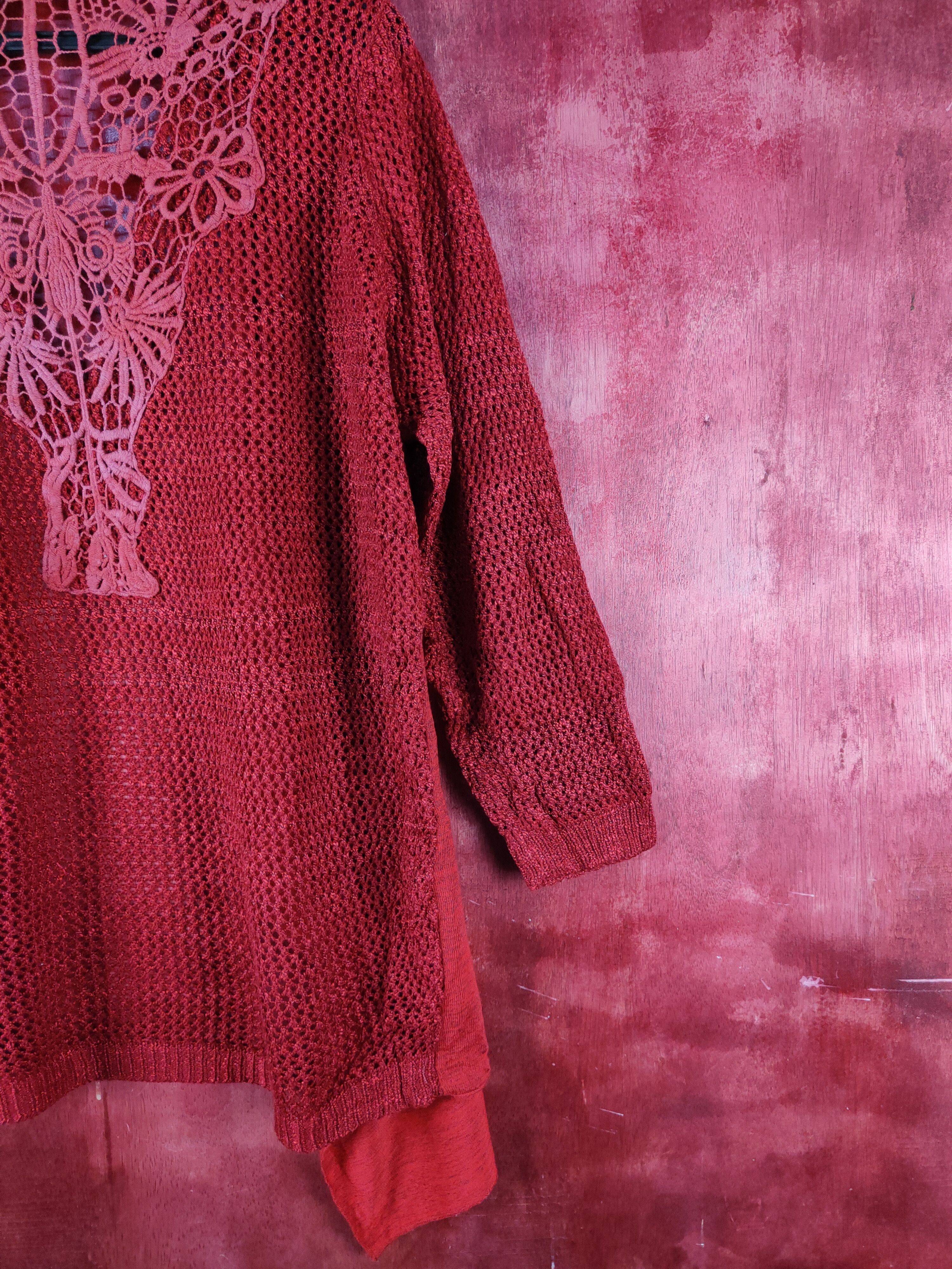 Homespun Knitwear Lilia Maroon Crochet Meshnet Knitwear Cardigan #S1017 Size XXL / US 16-18 / IT 52-54 - 7 Thumbnail
