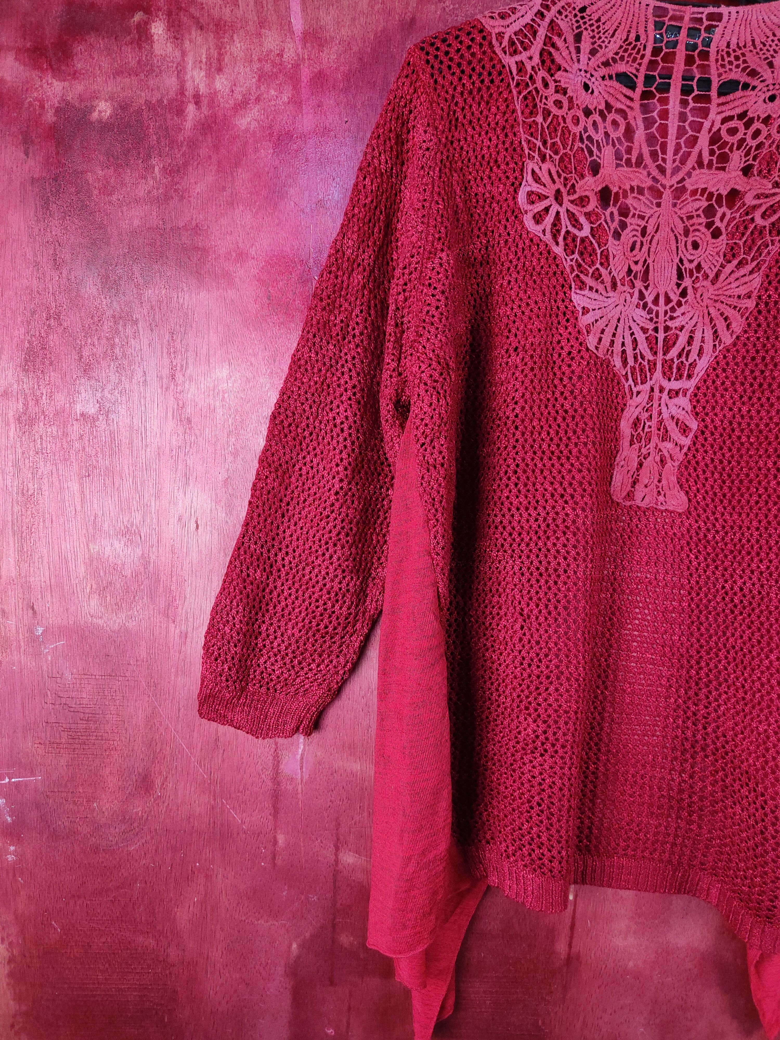 Homespun Knitwear Lilia Maroon Crochet Meshnet Knitwear Cardigan #S1017 Size XXL / US 16-18 / IT 52-54 - 6 Thumbnail