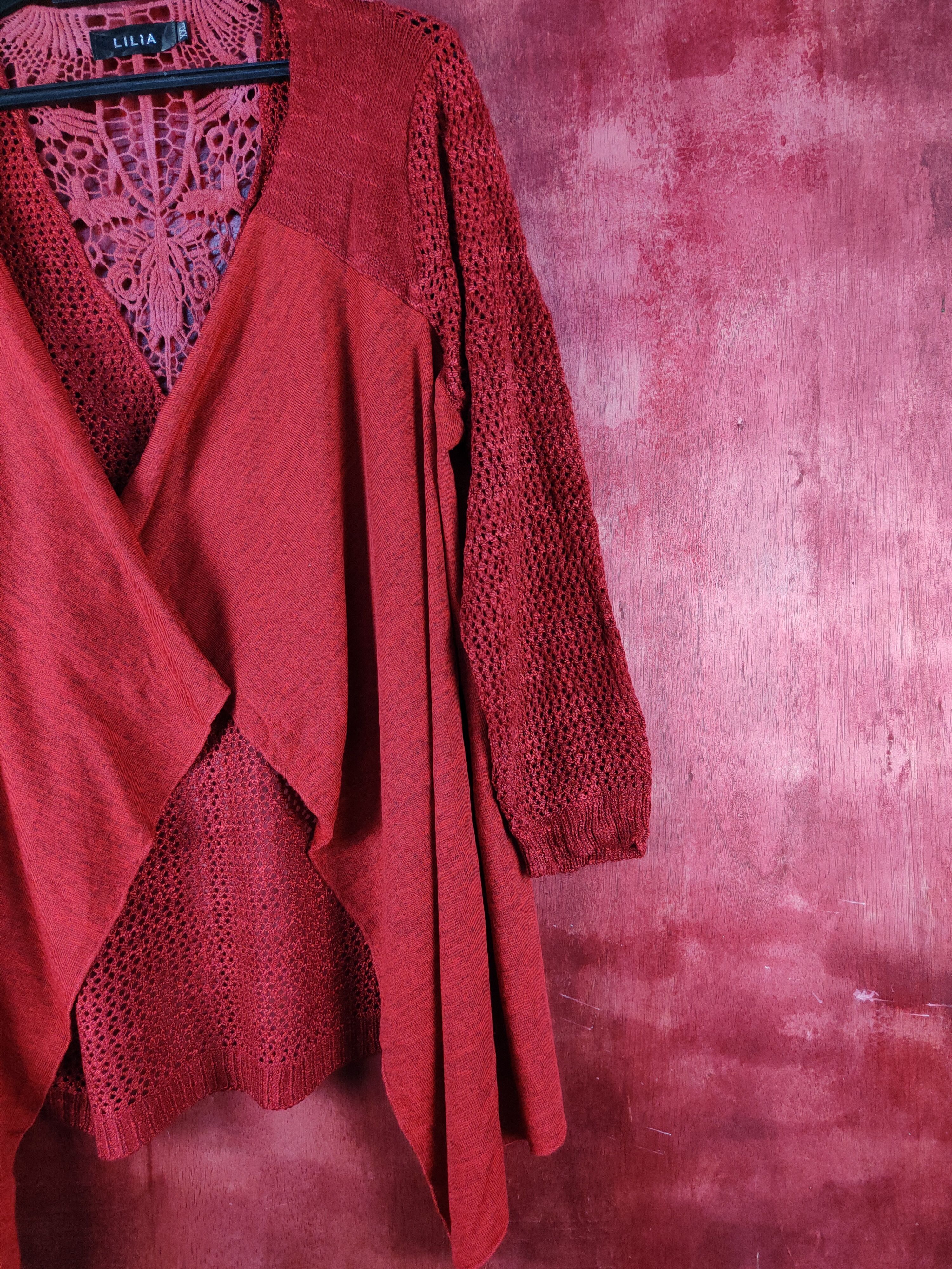 Homespun Knitwear Lilia Maroon Crochet Meshnet Knitwear Cardigan #S1017 Size XXL / US 16-18 / IT 52-54 - 4 Thumbnail