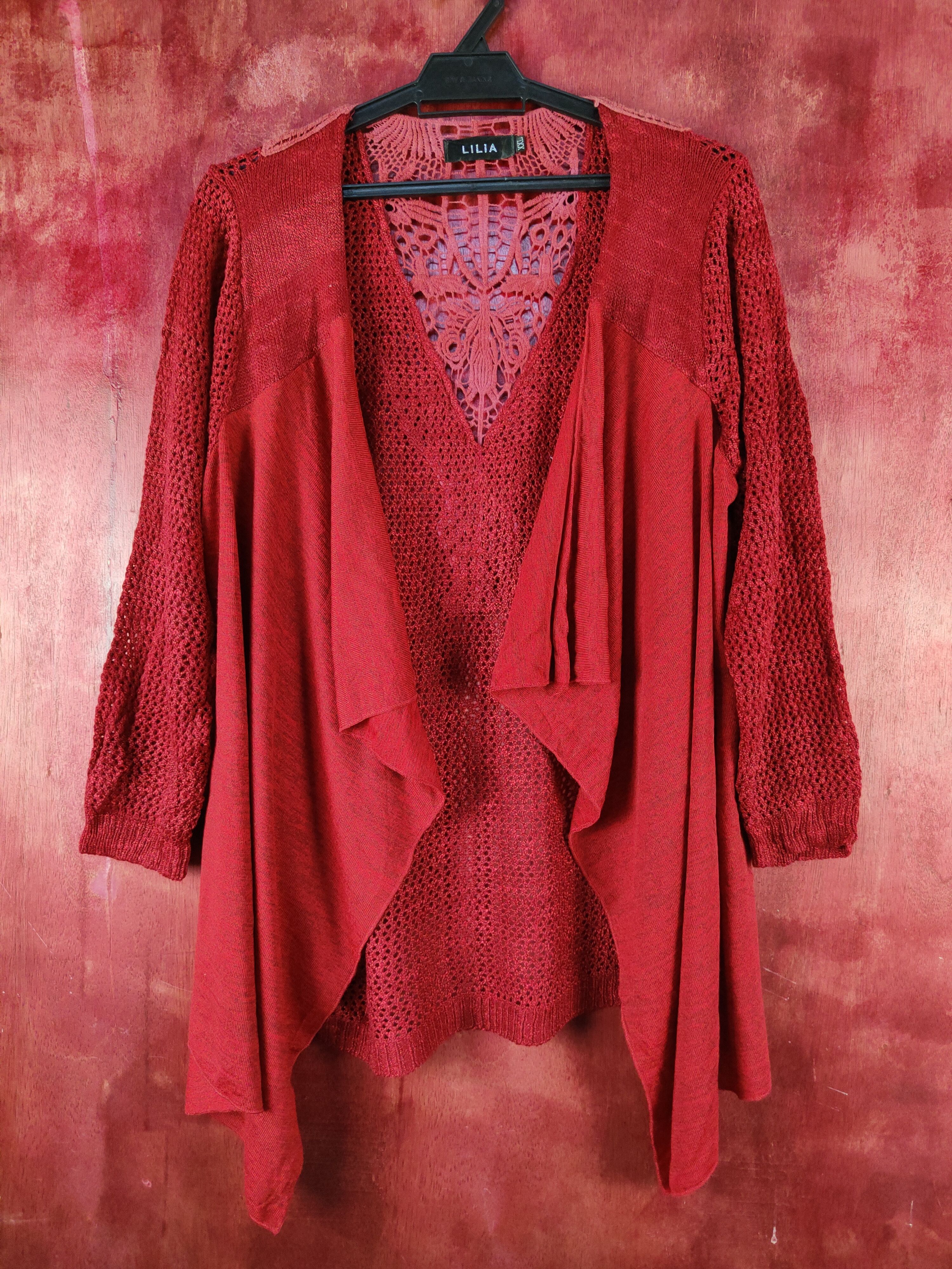 Homespun Knitwear Lilia Maroon Crochet Meshnet Knitwear Cardigan #S1017 Size XXL / US 16-18 / IT 52-54 - 1 Thumbnail