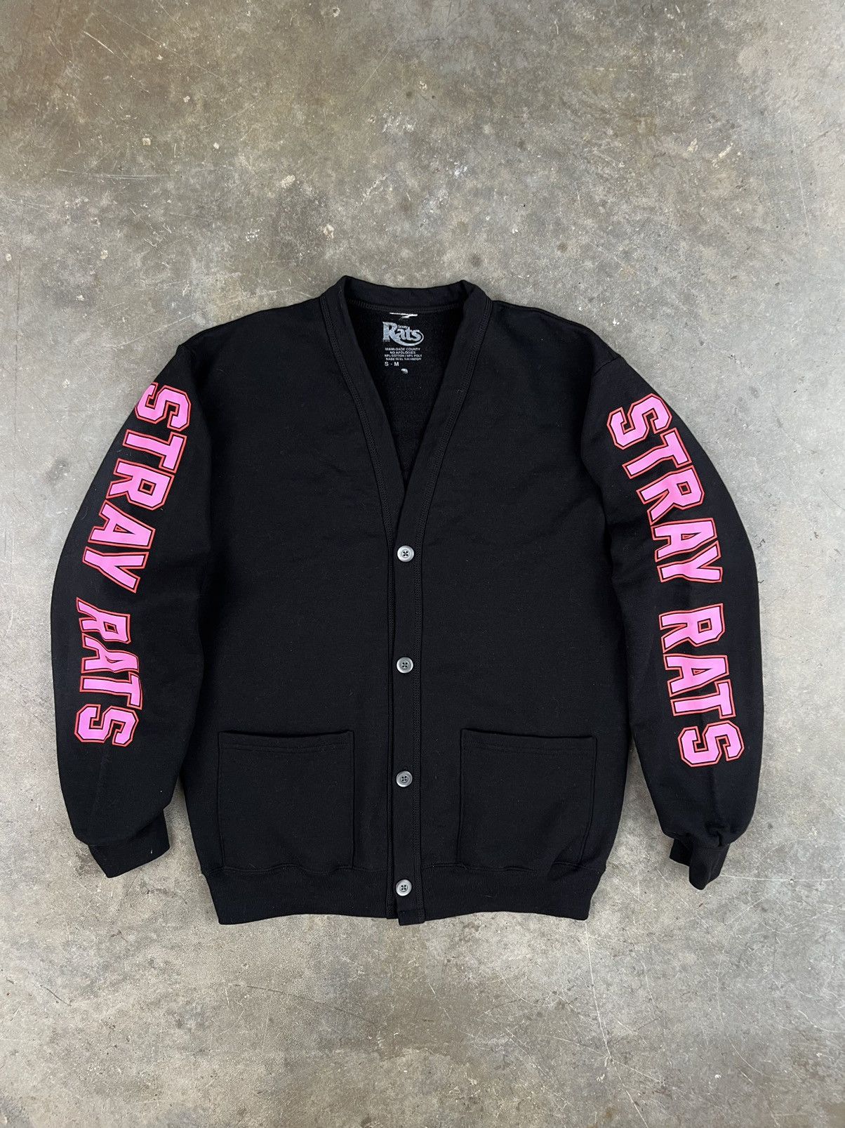 image of Stray Rats Pink + Black Logo Sleeve Cardigan Black Medium, Men's