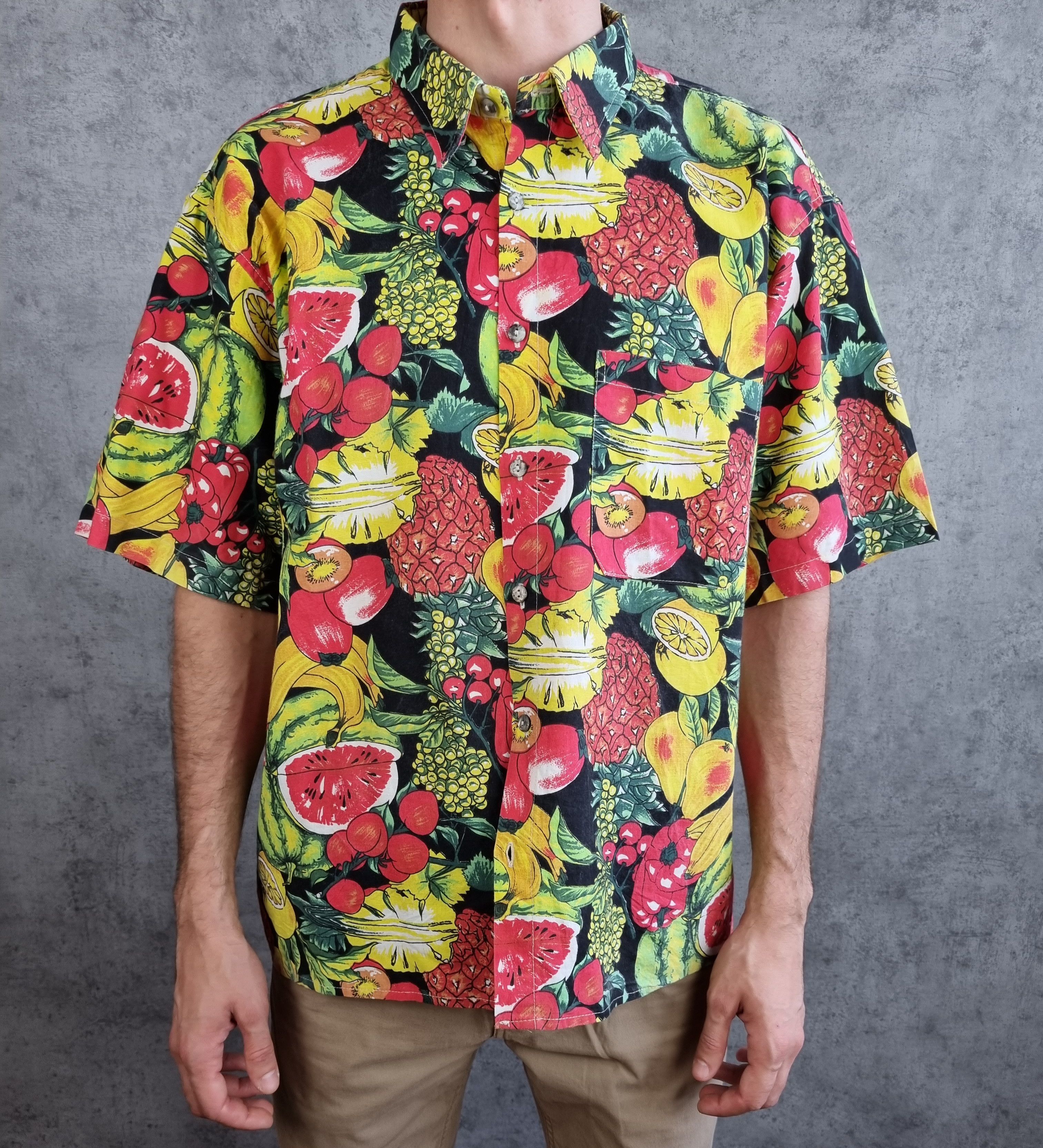 Vintage 80s Hawaiian Shirt Tropical Fruits Vegetables Allover Size US L / EU 52-54 / 3 - 4 Thumbnail