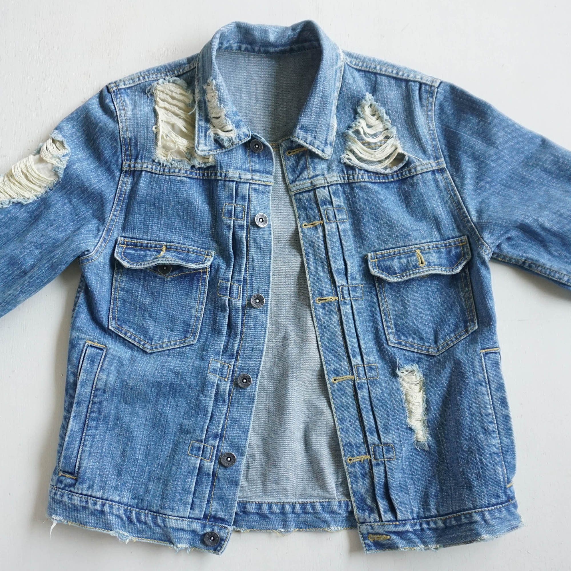 image of Royal Blue Ripped & Patched Distressed Denim Jacket, Men's (Size Medium)
