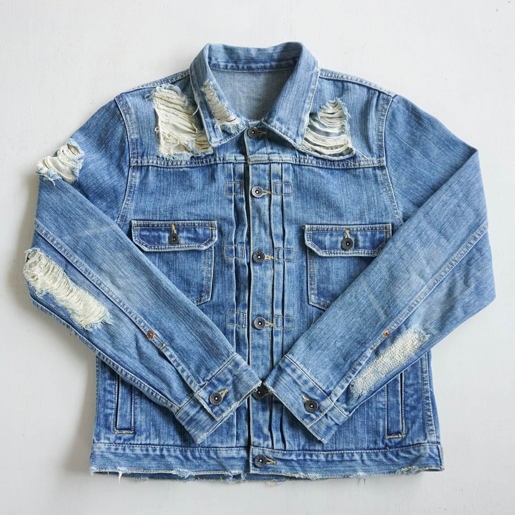 image of Royal Blue Ripped & Patched Distressed Denim Jacket, Men's (Size Medium)