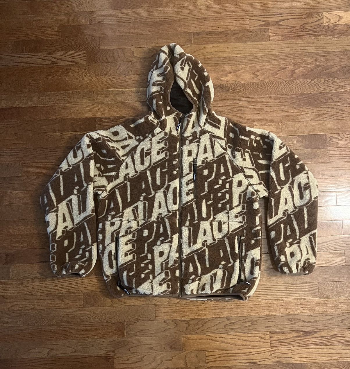 Image of Palace Jacquard Fleece Hooded Jacket Brown Xl, Men's