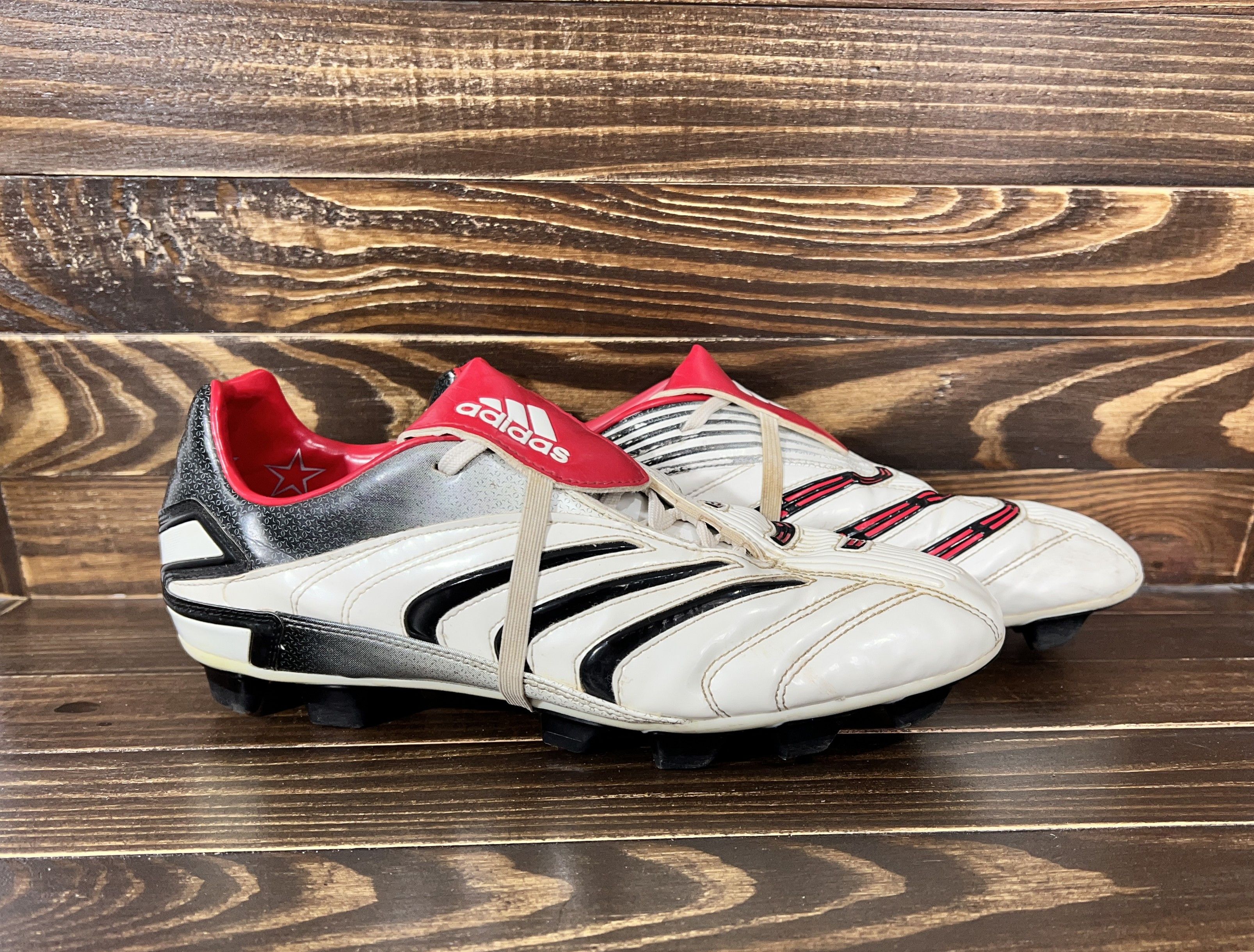 image of Adidas Traxion Firm Ground Football Cleats Vintage Very Rare Shoes in White/Black/Red (Size 10)