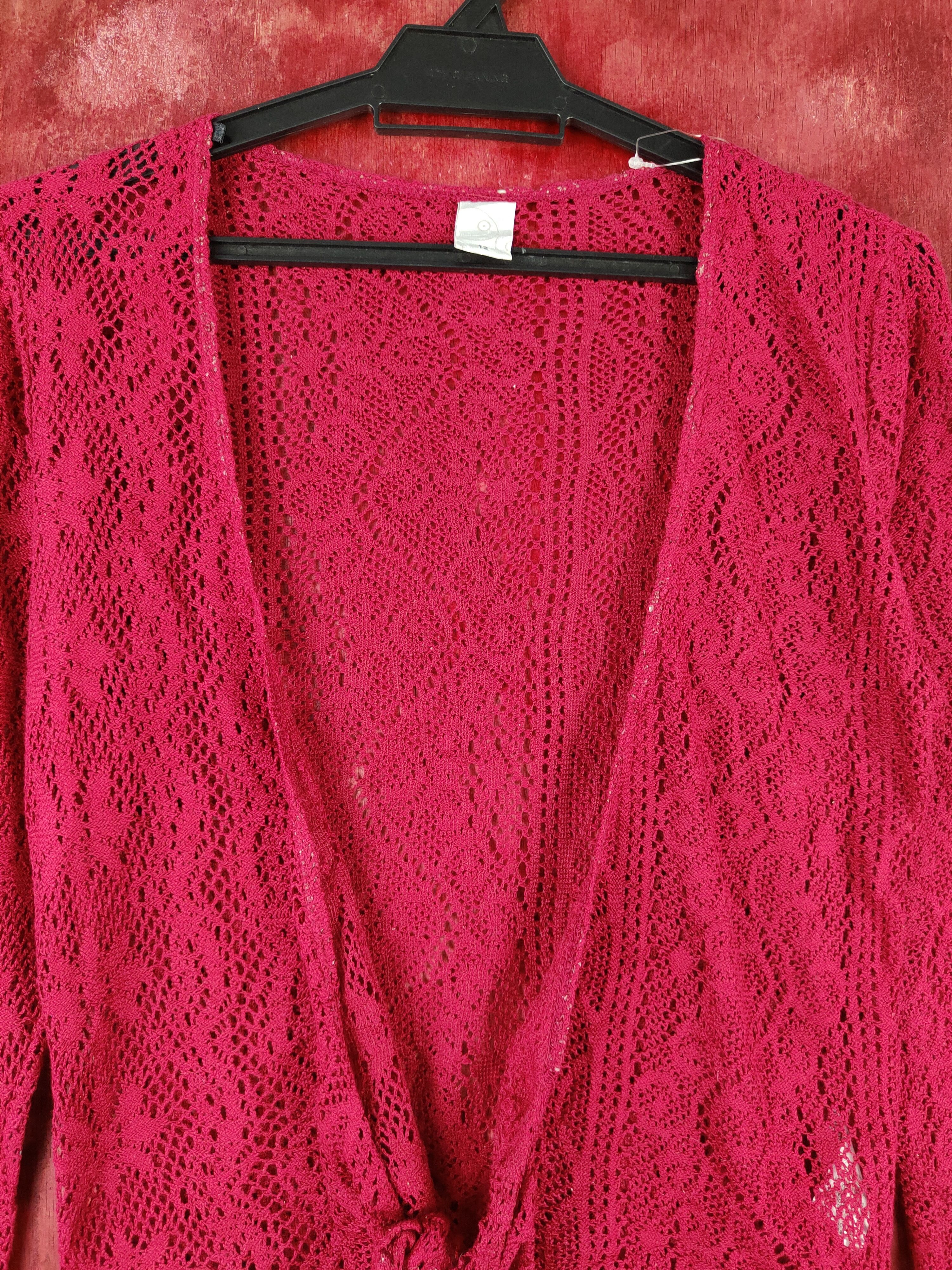 Homespun Knitwear vintage Red Crochet Meshnet Knitwear Cardigan #S977 Size XS / US 0-2 / IT 36-38 - 2 Thumbnail