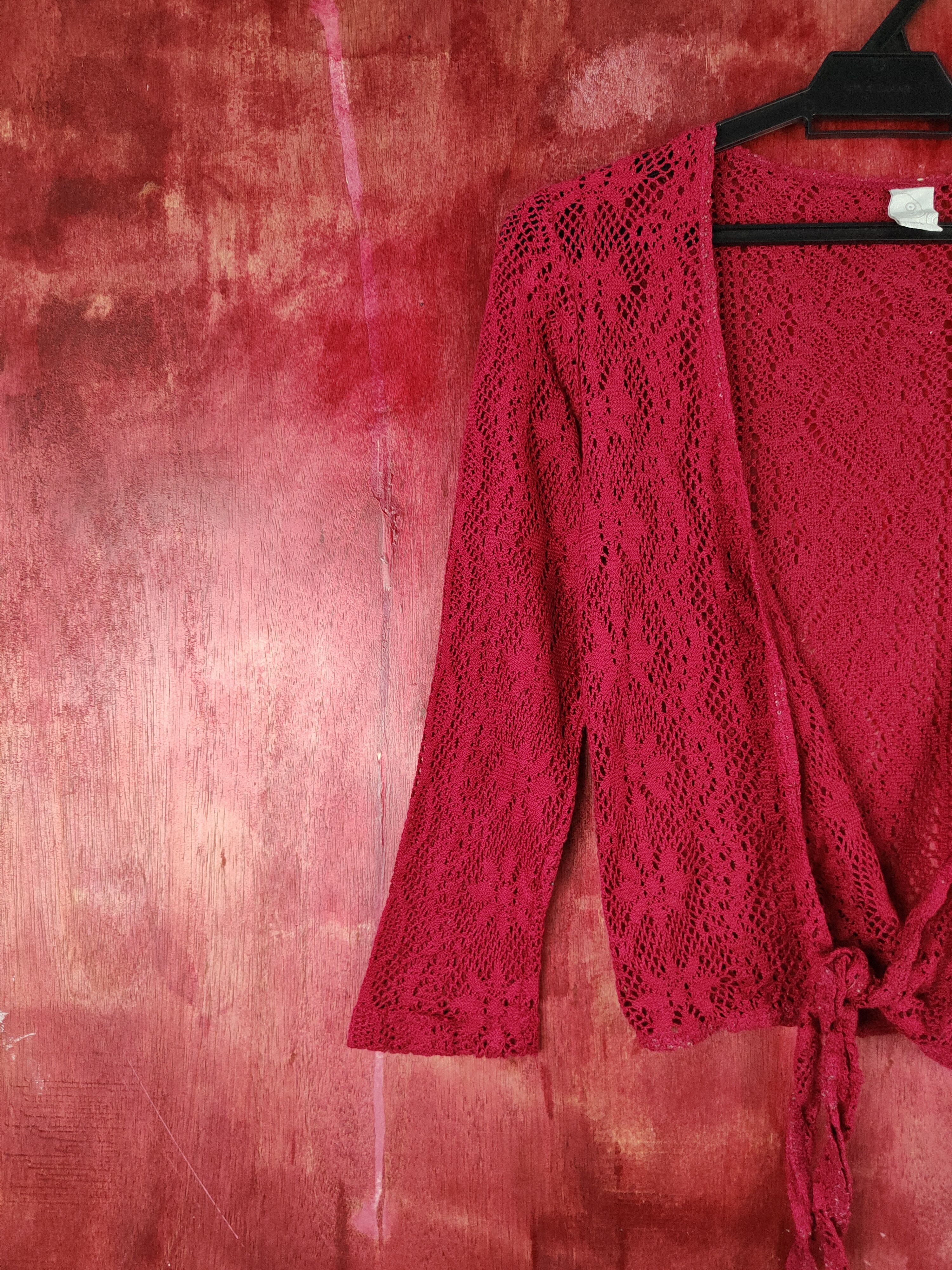 Homespun Knitwear vintage Red Crochet Meshnet Knitwear Cardigan #S977 Size XS / US 0-2 / IT 36-38 - 3 Thumbnail