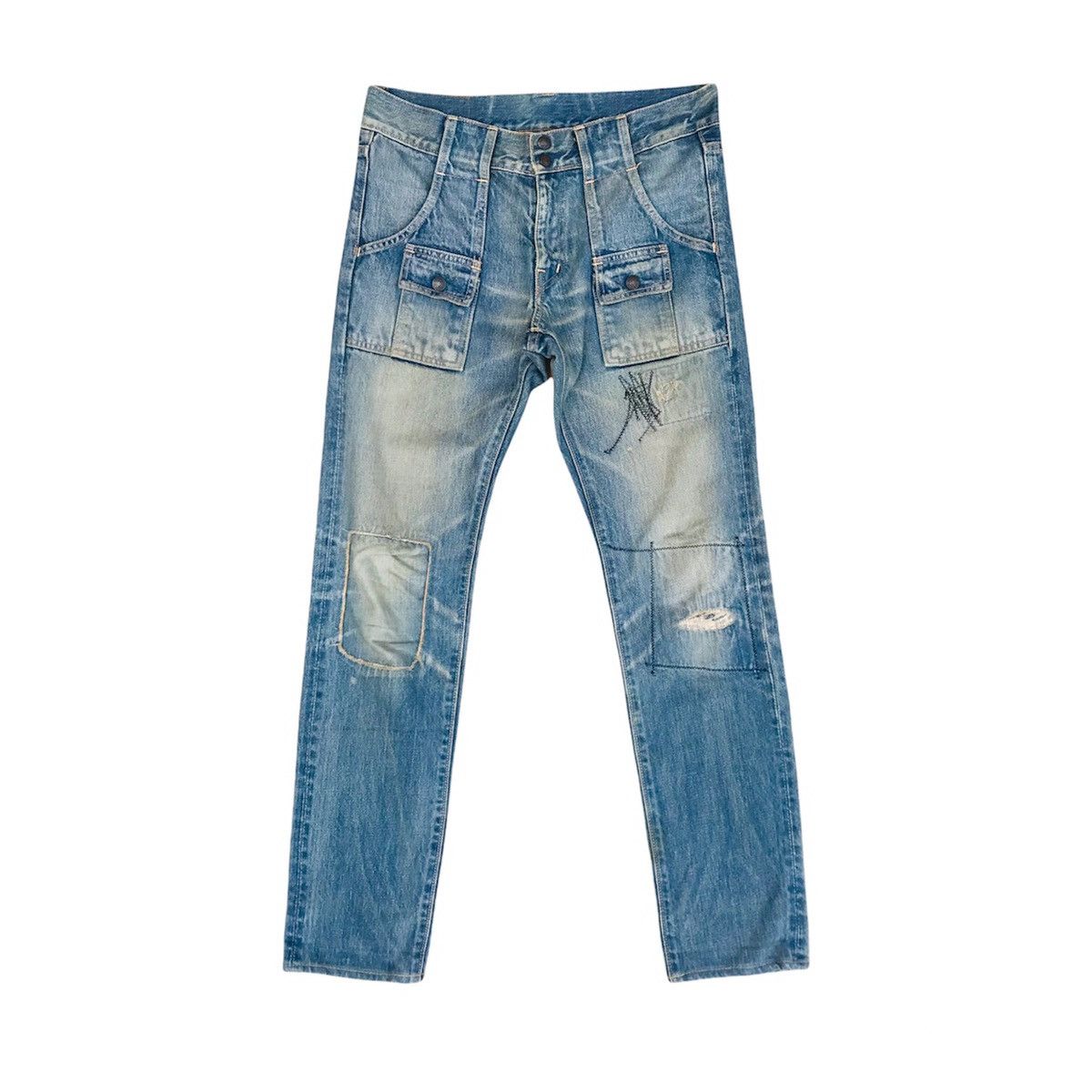 image of Kapital Kountry Distressed Slim Bushpant Denim Multipocket in Blue, Men's (Size 28)
