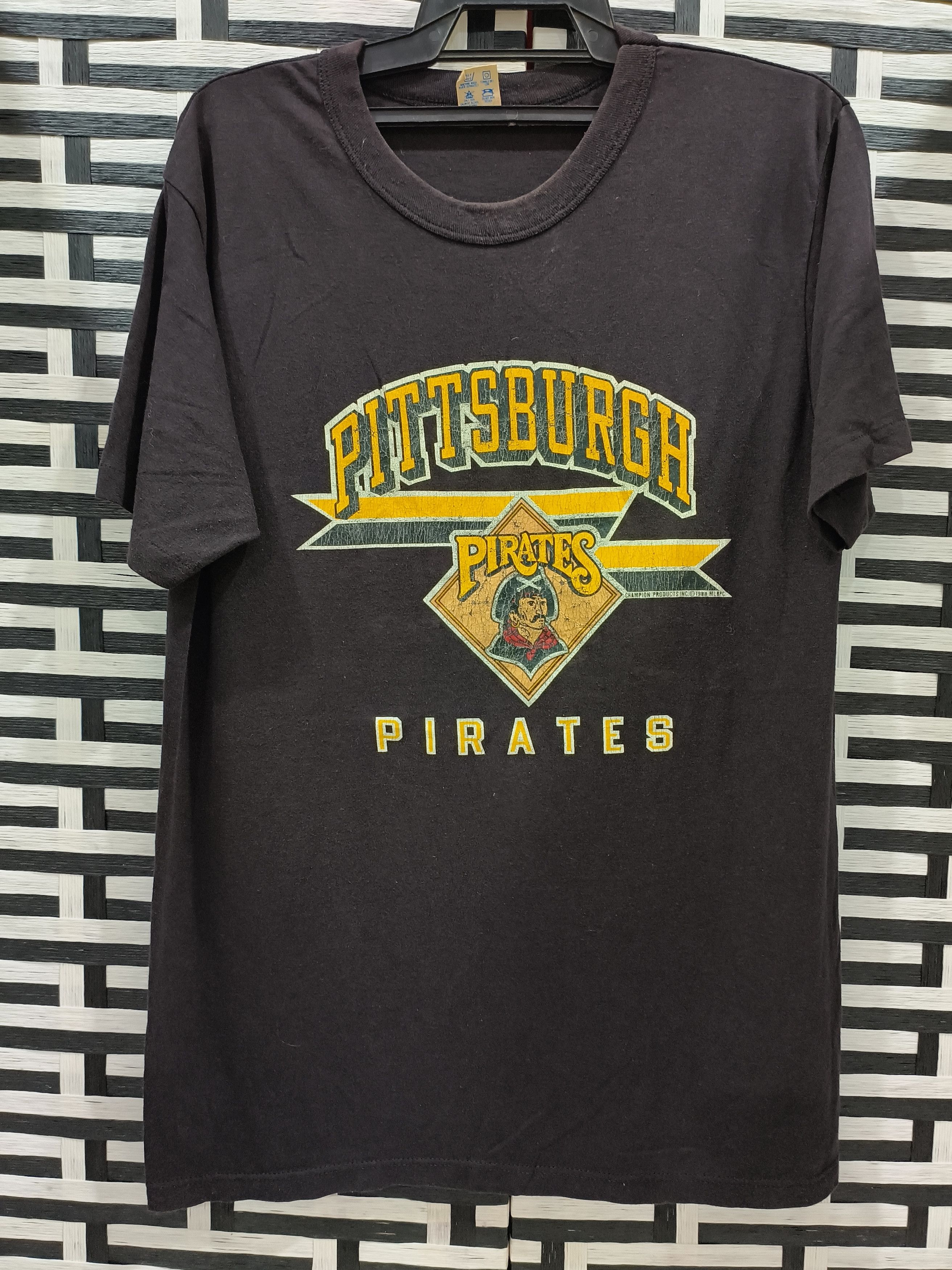 image of vintage Champion Pittsburgh Pirates Thrashed Tee in Faded Black, Men's (Size Large)