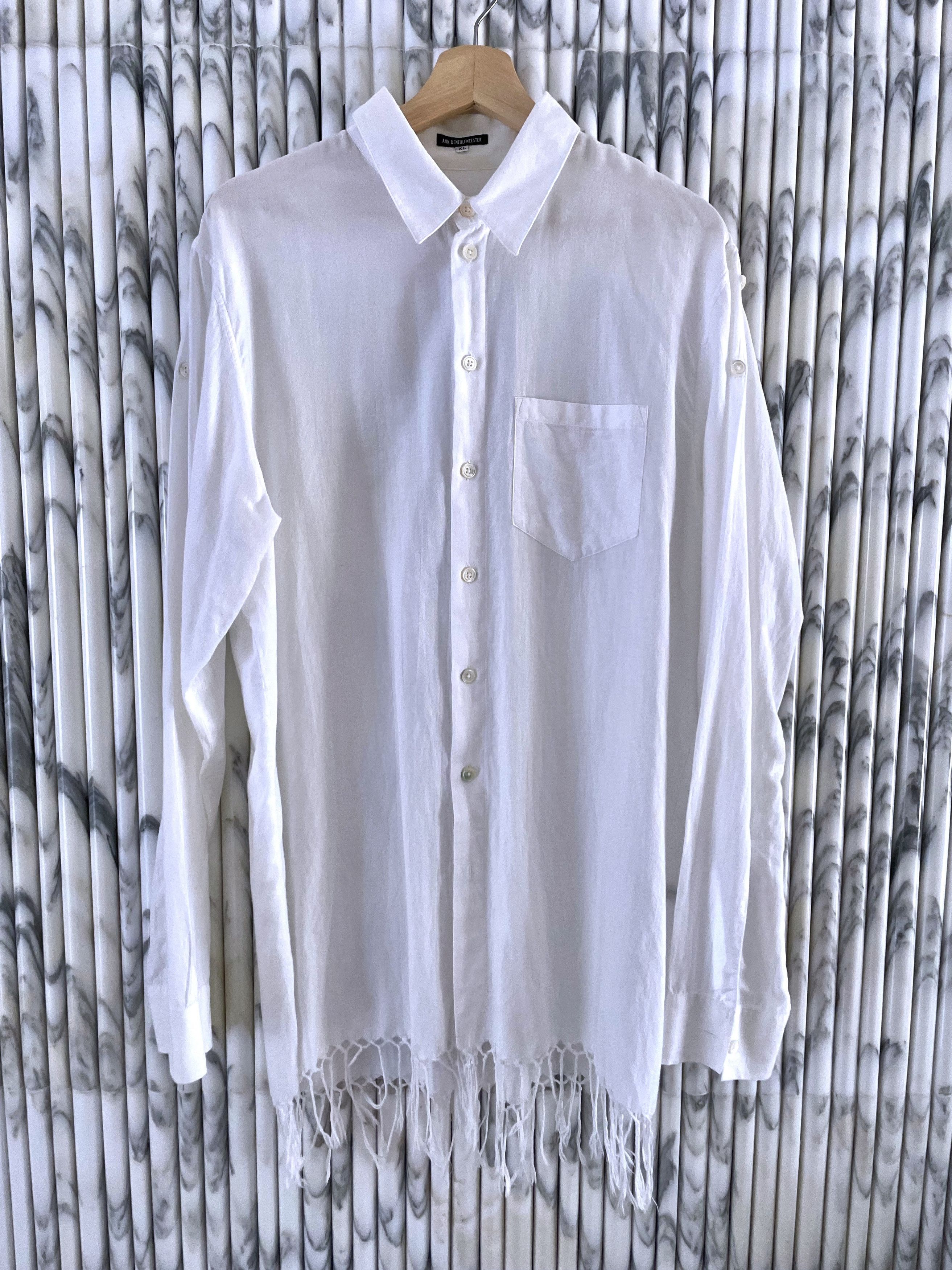 Image of Ann Demeulemeester Braided Fringe Hem Cotton Dress Shirt in White, Men's (Size XL)