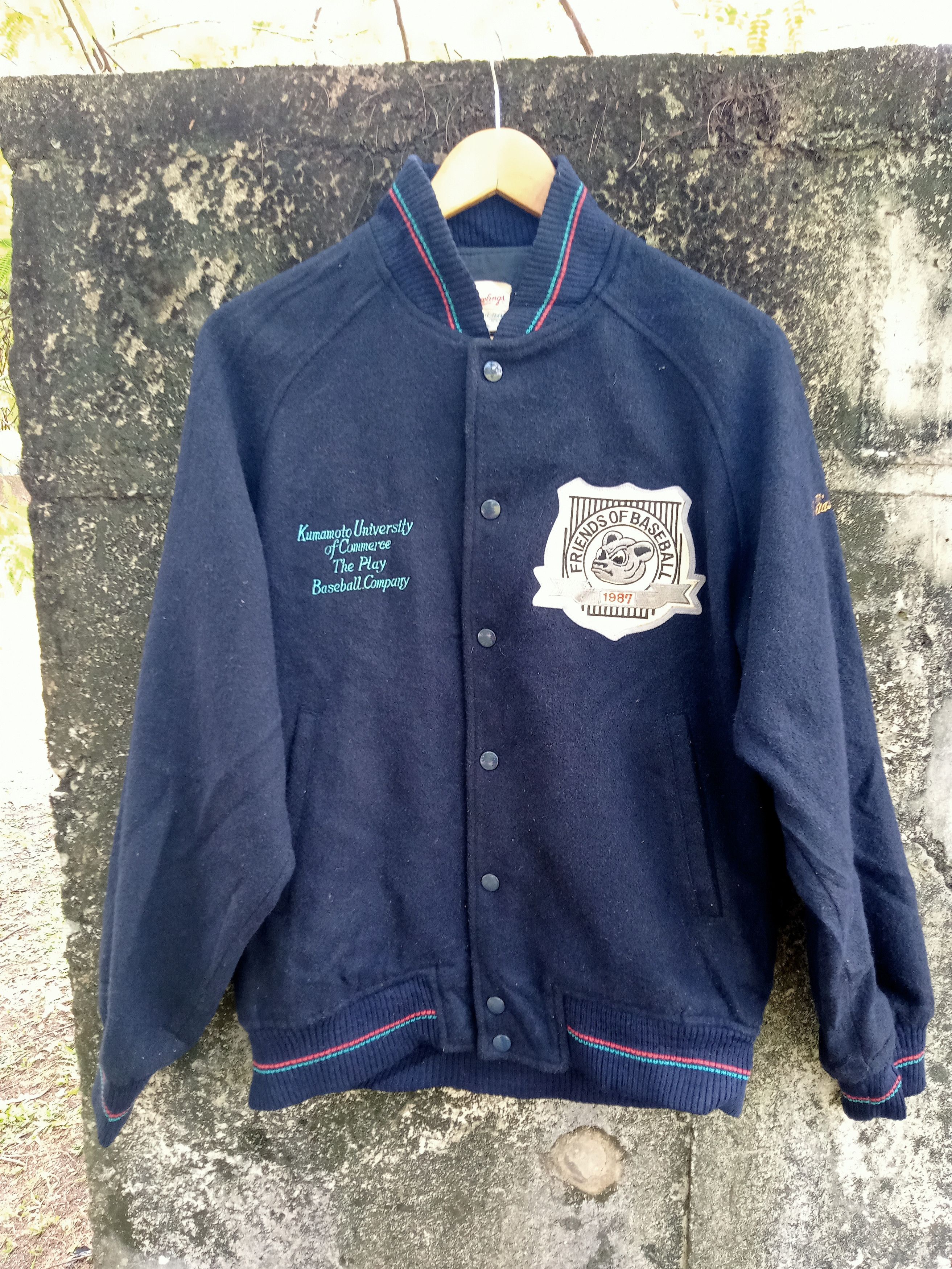 image of Asics x Mlb Vintage University Kumamoto Baseball Varsity Jacket in Navy Dark Blue (Size Large)