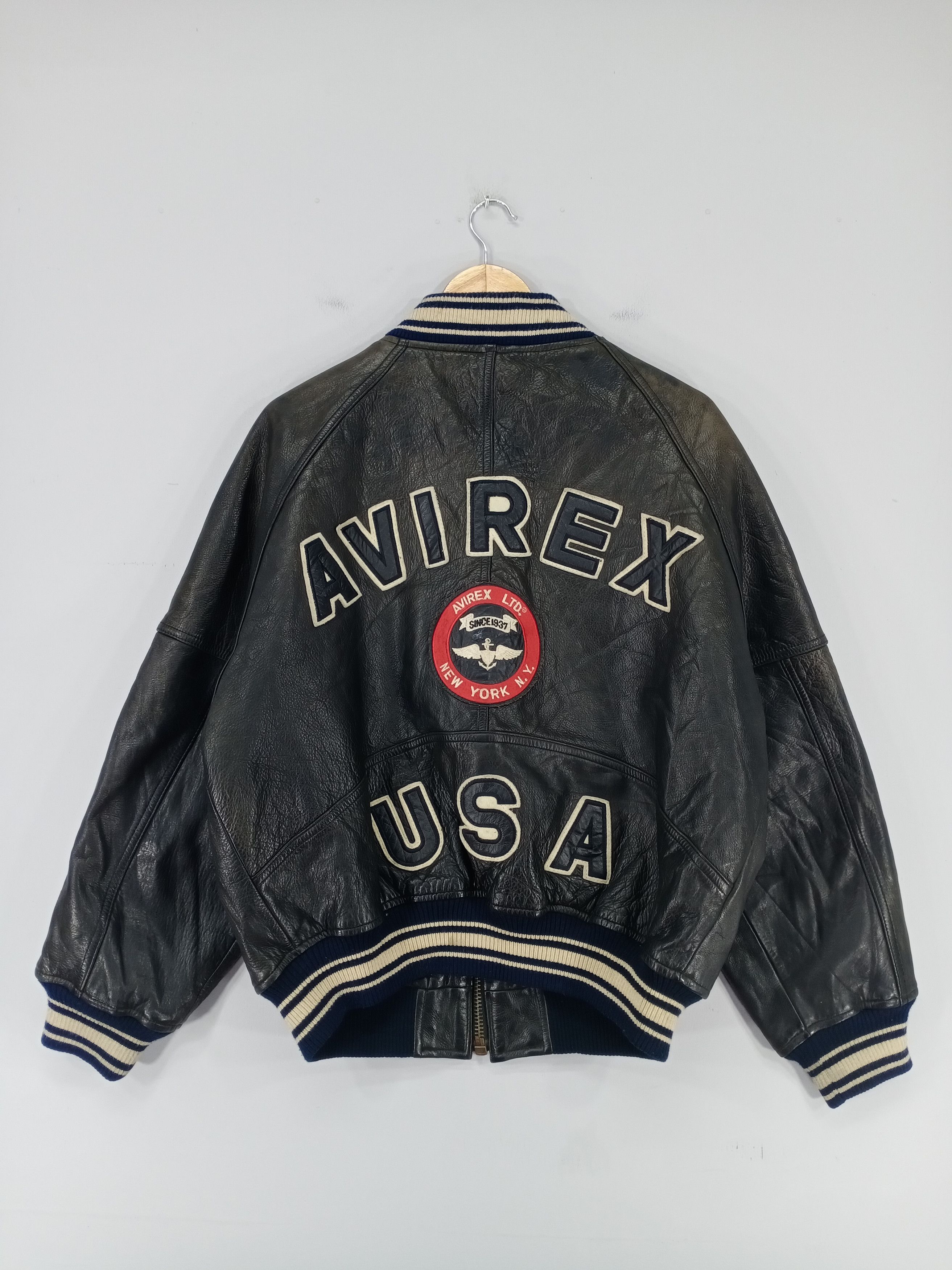 image of Avirex Varsity Jacket x Leather Jacket vintage Avirex Usa Spell Out Varsity Leather Jacket in Black