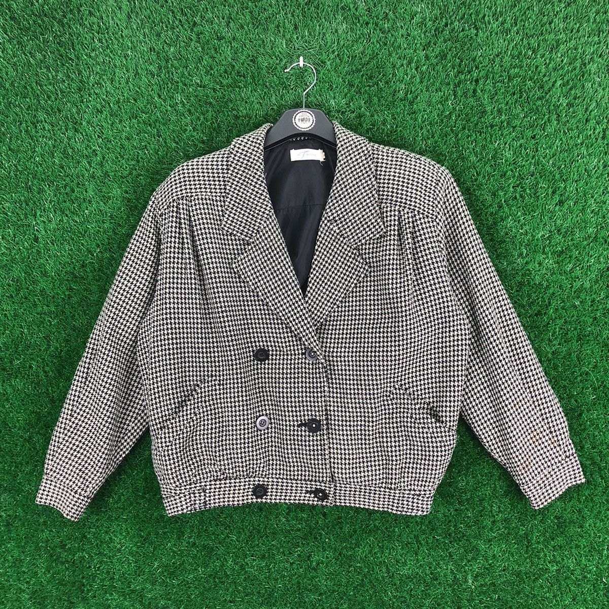 image of Vintage 80's Houndstooth Cropped Coat Double Breasted, Men's (Size Medium)