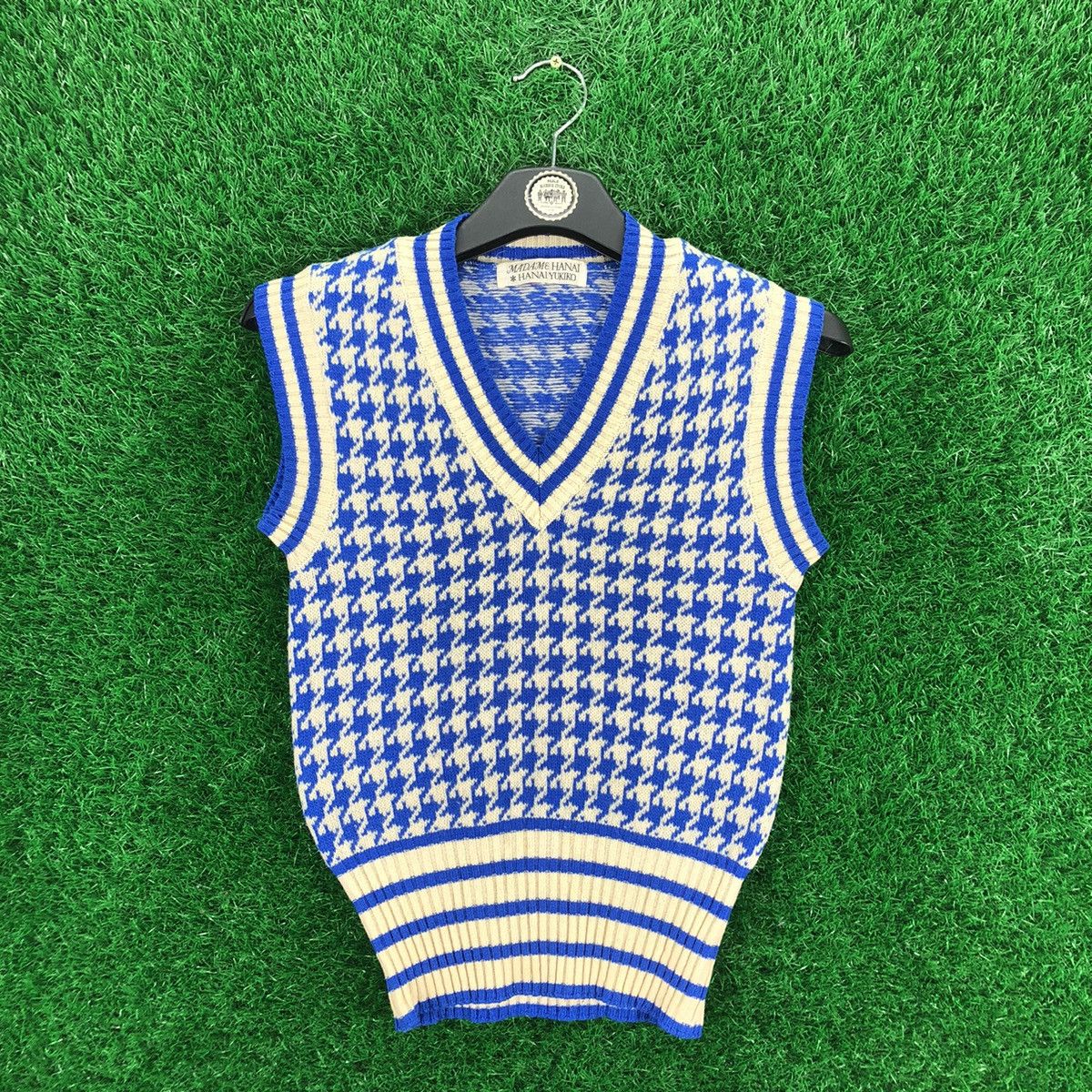 Aran Isles Knitwear Vintage 80's Knit Blue Houndstooth Vest by Madame Hanai Size US XXS / EU 40 - 1 Thumbnail
