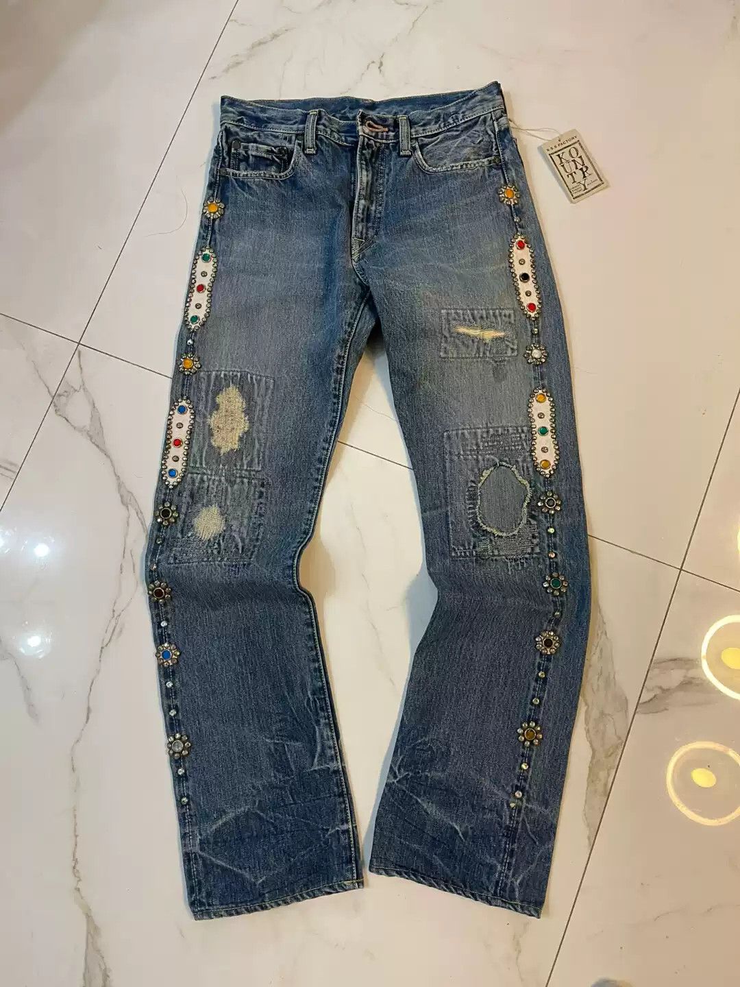 image of Kapital Gem Patched Jeans Dmgd in Blue, Men's (Size 30)