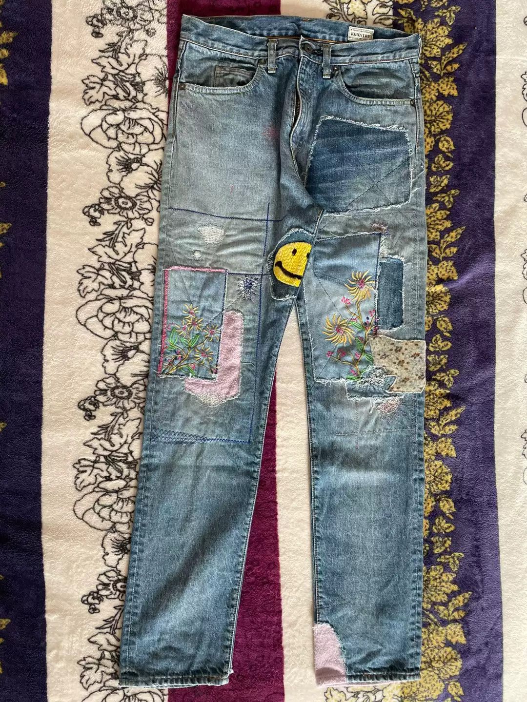 image of Kapital Smiling Face Patched Jeans in Blue, Men's (Size 30)