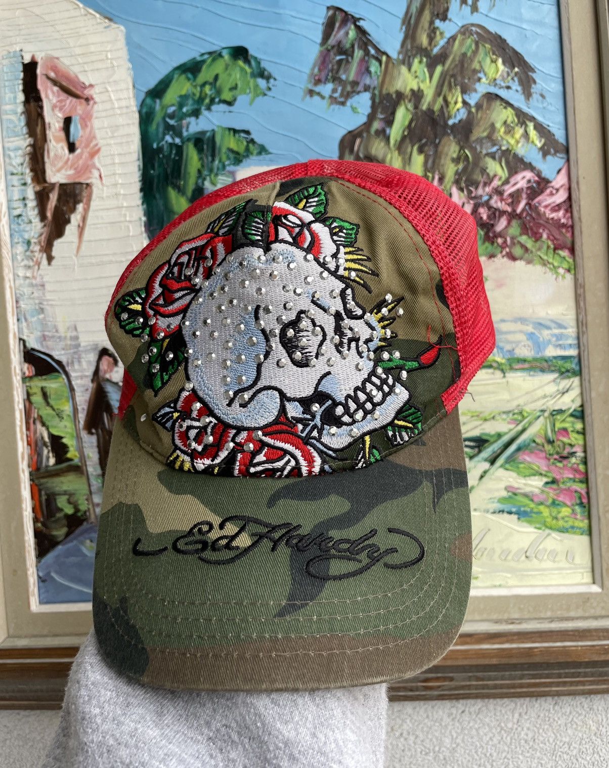 Vintage Christian Audigier Pink Skull Embroidered Trucker Hat Rare Find! ??☠️ Ed Hardy Christian Audigier Embroidered  main image 4