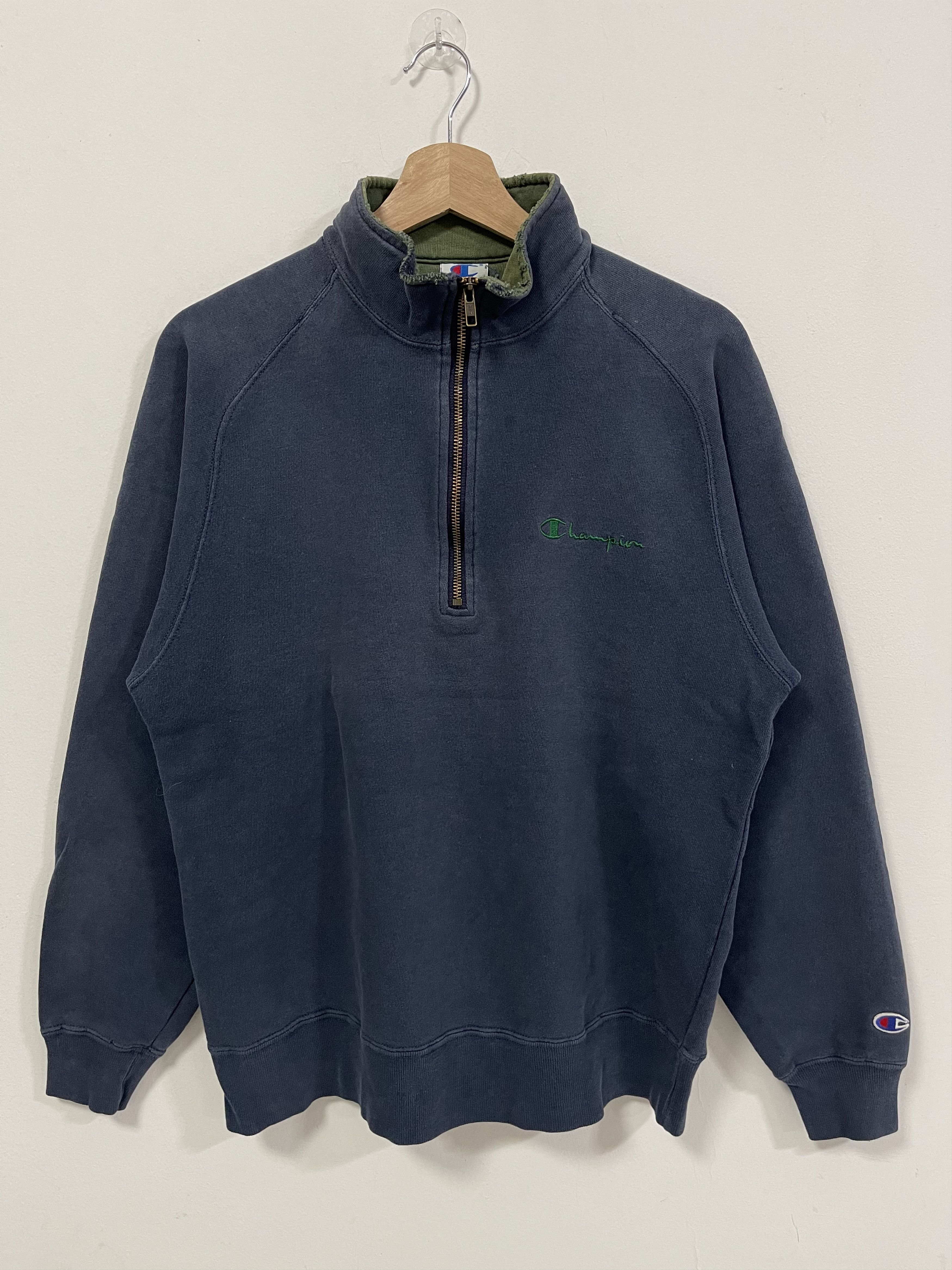 Champion × Vintage Champion Script Mini Logo Half Zip Distressed Sweatshirt Size US S / EU 44-46 / 1 - 1 Thumbnail