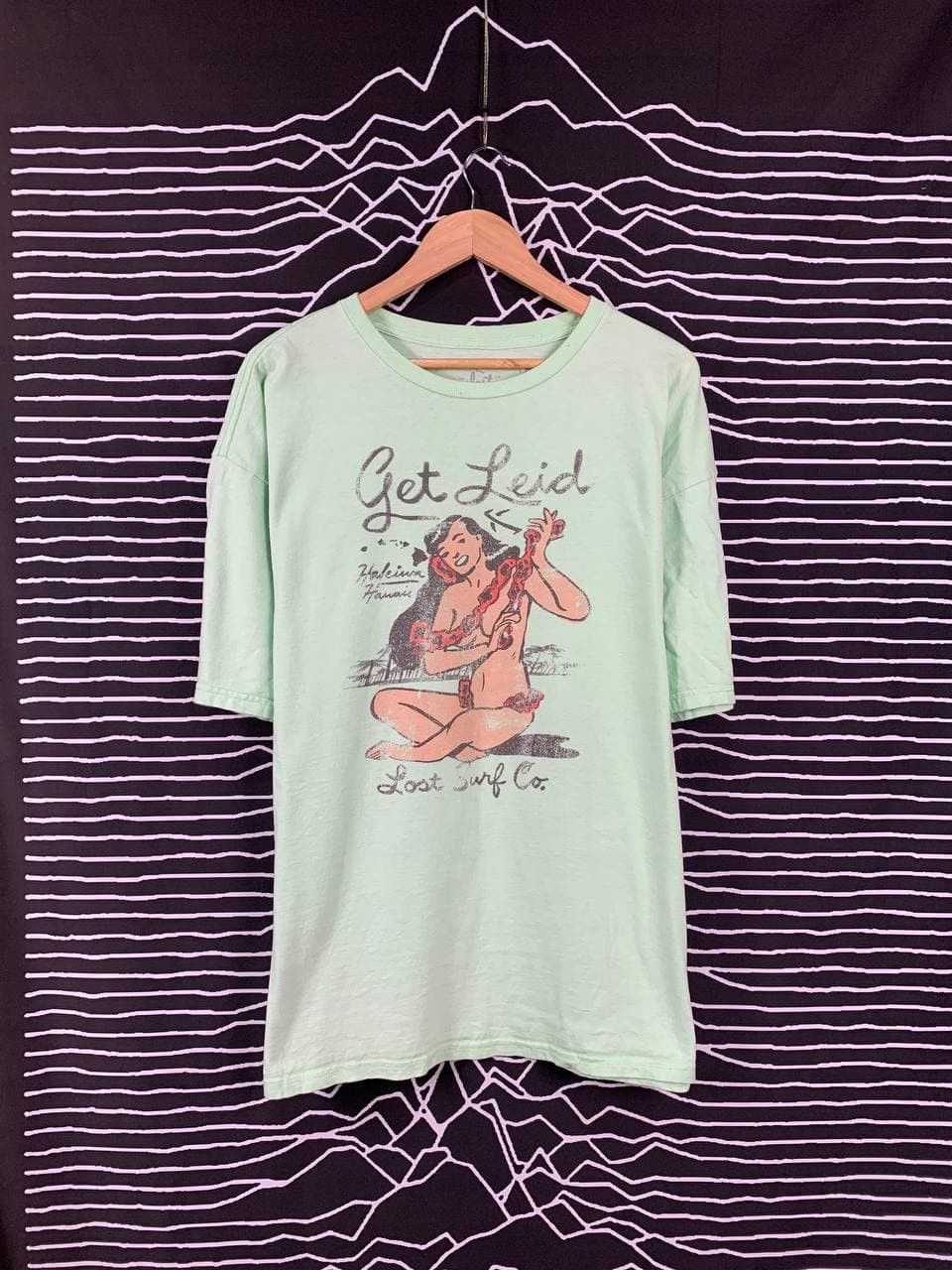 image of Lost Enterprises x Skategang Lost Enterprise Hula Girl Get Laid Graphic Skate Tee in Green (Size XL
