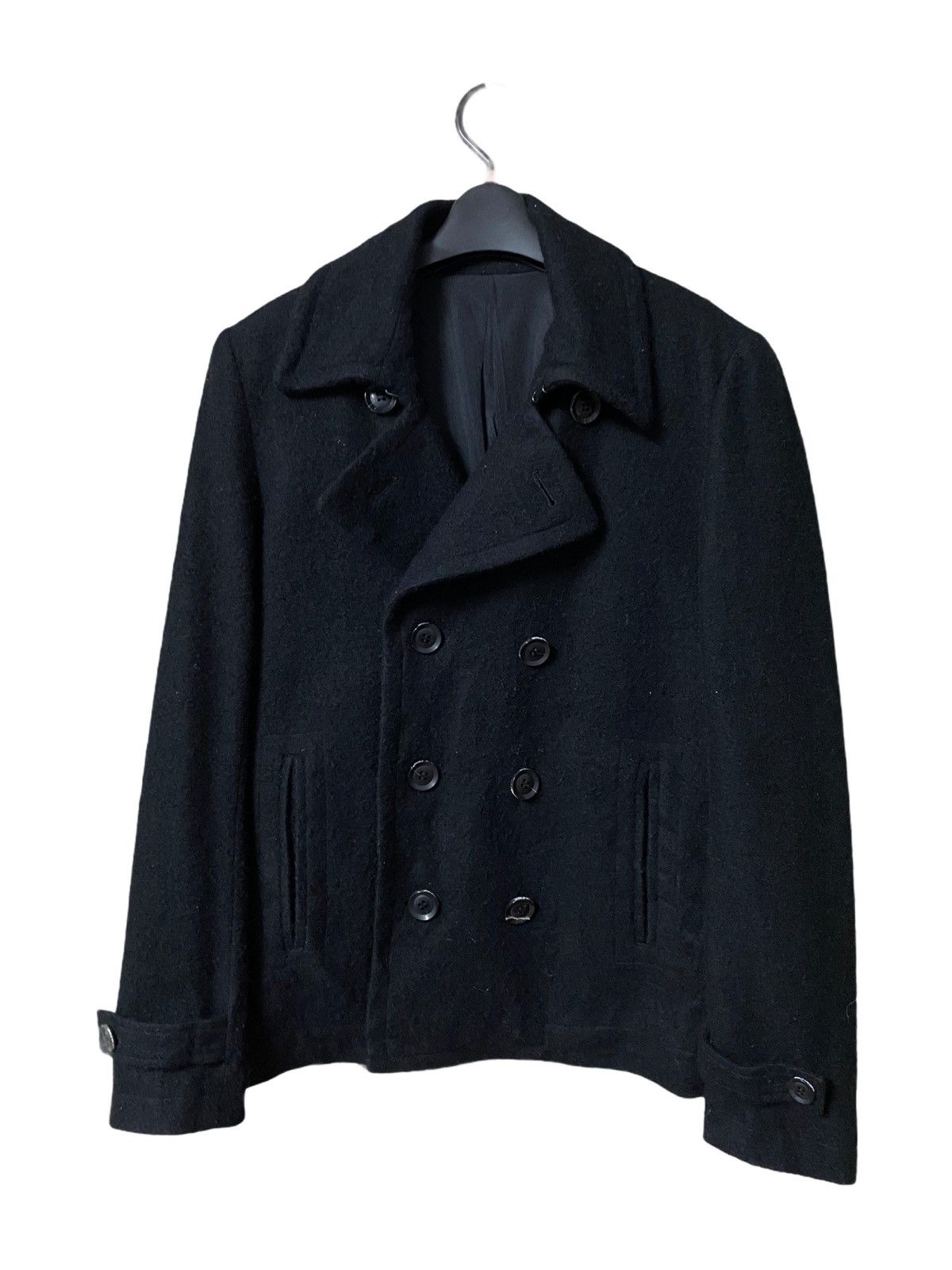 image of Designer Urban Extreme Door Wool Pea Coat Double Breast in Black, Men's (Size Small)