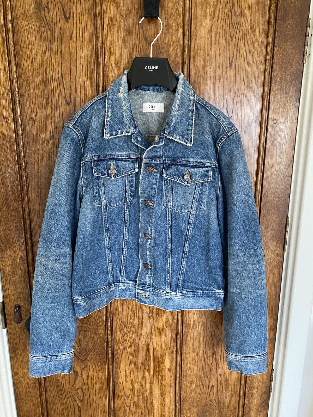 image of $1800 Ss19 Celine Christian Marclay Distressed Denim Jacket in Blue, Men's (Size Medium)
