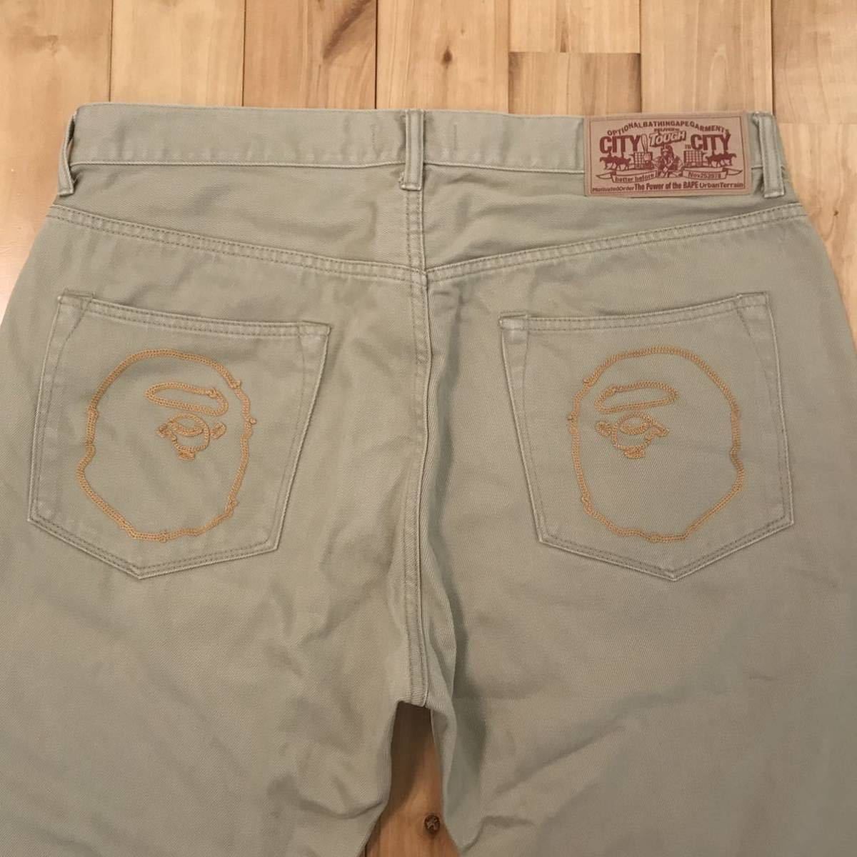 image of Bape Ape Head Embroidery Logo Cotton Pants Ape ★Size XL in Beige, Men's (Size 36)