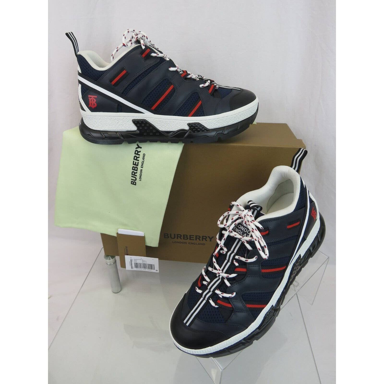 Burberry UNION NAVY LEATHER MESH RED LOGO LOW TOP SNEAKERS 11 US 44 Size US 11 / EU 44 - 3 Thumbnail