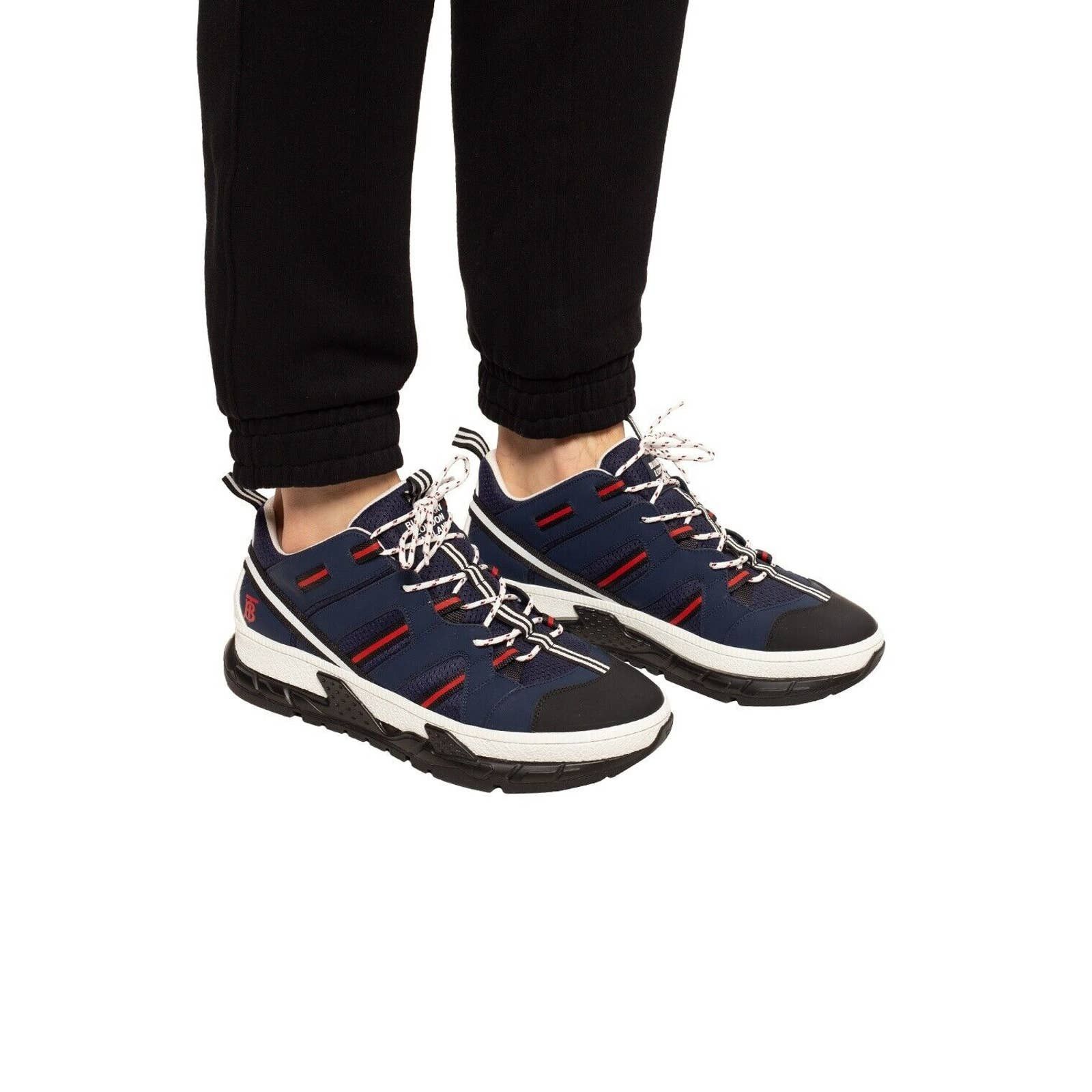 Burberry UNION NAVY LEATHER MESH RED LOGO LOW TOP SNEAKERS 11 US 44 Size US 11 / EU 44 - 4 Thumbnail
